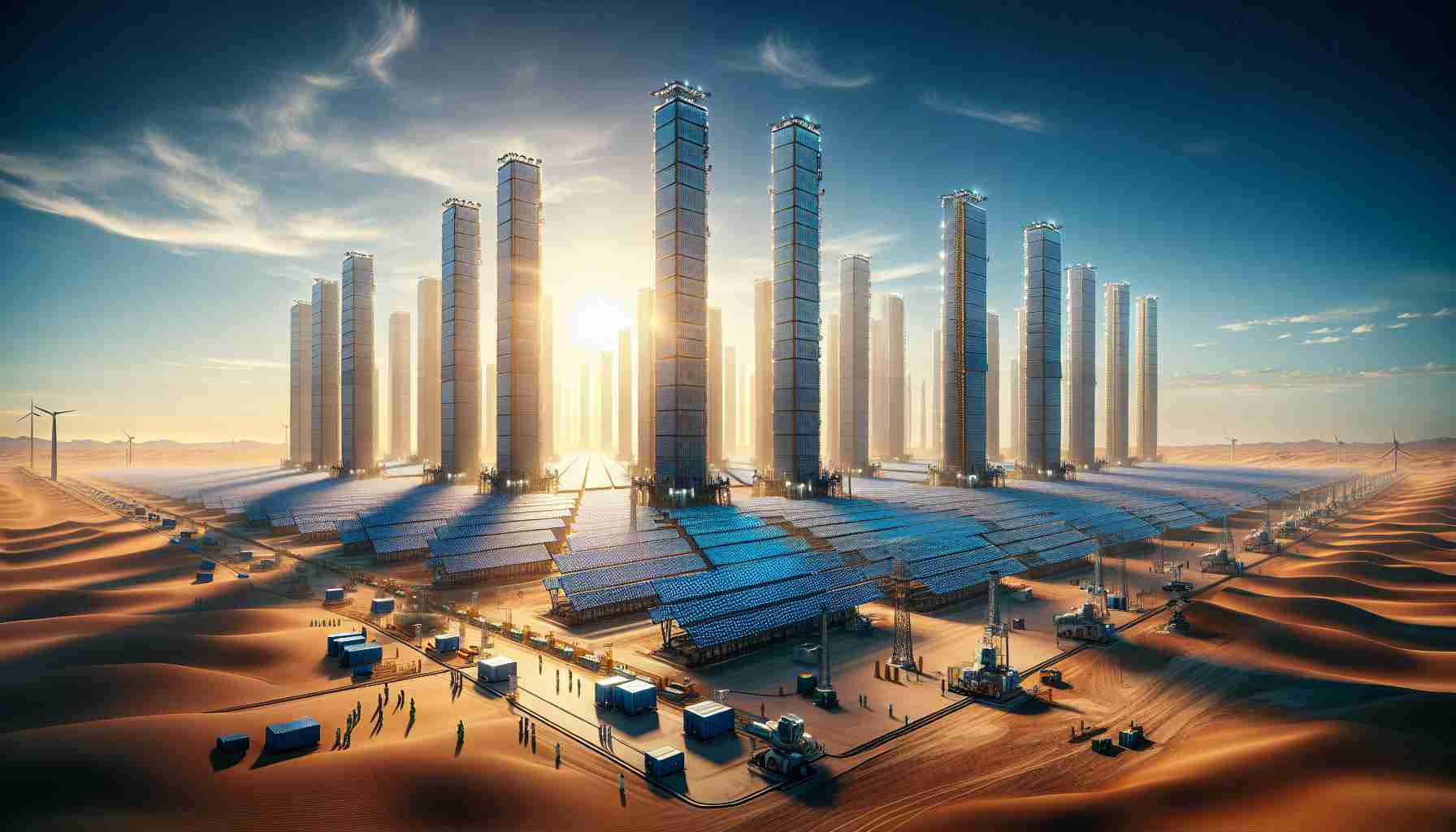 High-definition realistic image of a vast, desert landscape in Saudi Arabia under a serene blue sky. Dominating the scene are towering structures of a newly constructed solar power plant, with huge, sun-catching panels arranged in identical rows that extend to the horizon. This state-of-the-art facility is at the forefront of a revolution in renewable energy production. Workers of various descents and genders are visible in the foreground, busily managing operations, showcasing the partnership that made this project possible. The technology glow with the promising potential of harnessing clean energy for generations to come.