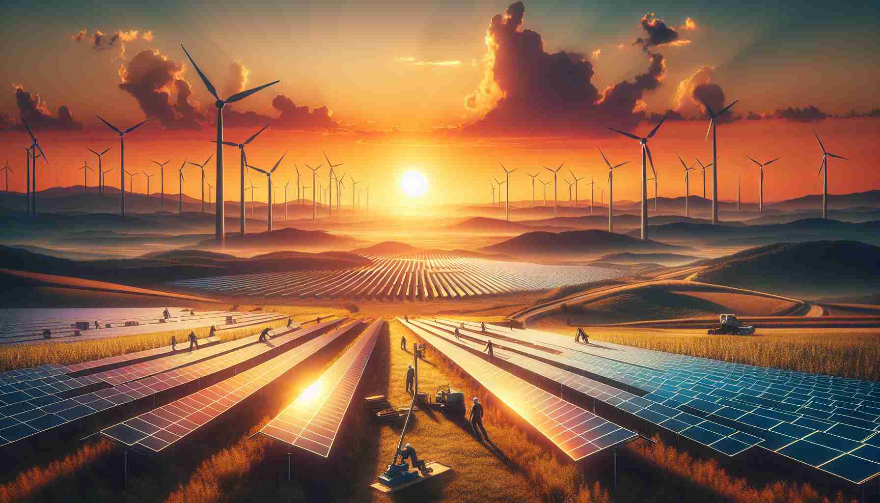 Create a realistic high-definition image representing the concept of a transforming energy landscape. It includes new solar ventures in Portugal. It depicts silhouettes of workers installing massive solar panels during sunset. The setting should be a vast field dotted with solar panels while being bathed in warm sunset hues. In the background, there are rolling hills with modern wind turbines adding to the green energy theme. The skies are a blend of orange and pink colors, creating a picturesque view of an energy powerhouse in motion in Portugal.