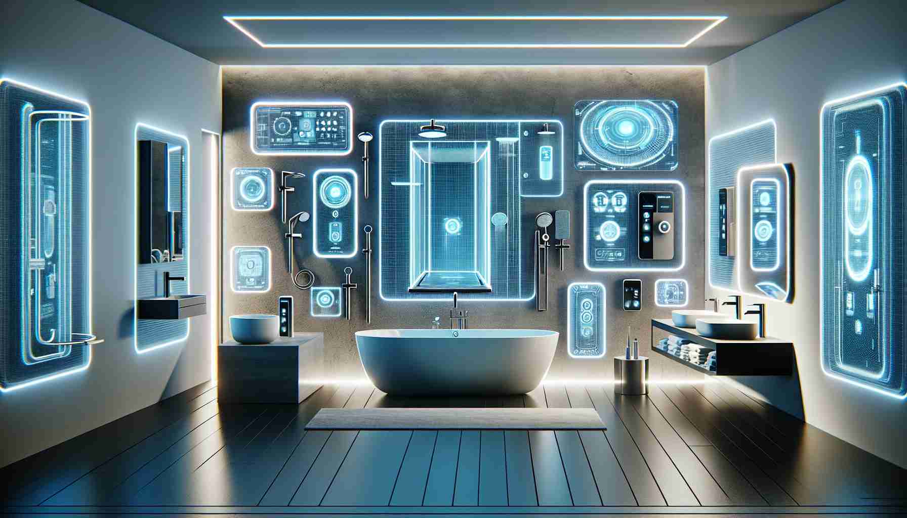 Generate a realistic high-definition image showcasing a collection of modern bathroom products with innovative wellness technology. These products should be from the brand Acquabella, which is known for its streamlined design and commitment to improved wellbeing. The image should include various products such as a smart shower, a futuristic bathtub, and a high-tech sink. Each product should be set up in a sleek, contemporary bathroom environment, reflecting the innovative personality of the Acquabella brand.