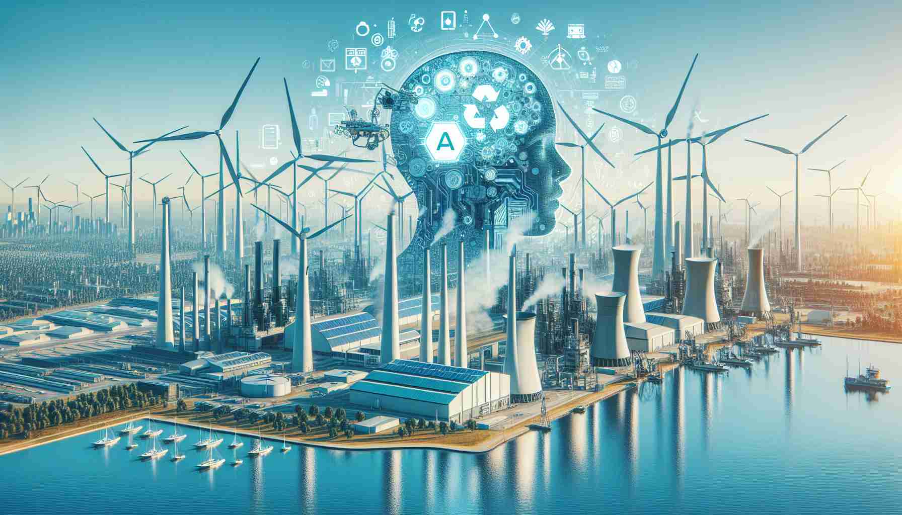 Create a realistic HD image representing the concept of China's technological companies slowly embracing renewable energy amid the growth of AI. This could include symbolic visual representations of large industries, wind turbines or solar panels indicating renewable energy, and symbols of AI and technology growth.