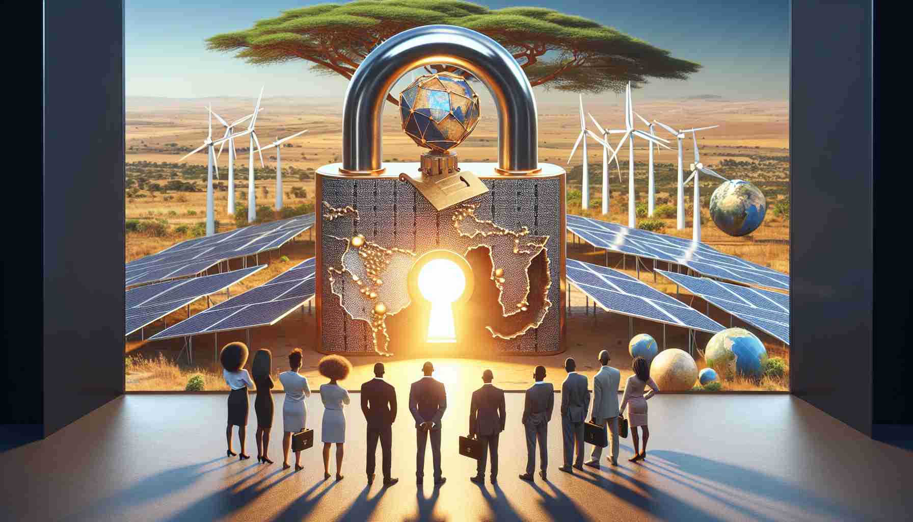 A high-definition image illustrating the concept of unlocking the potential of renewable energy investments in Sub-Saharan Africa. The scene could include a gigantic key made of solar panels and wind turbines opening a glowing padlock that represents the continent's rich potential. You could also show a diverse group of people - a Hispanic man, a Black woman, a Caucasian man, and a South Asian woman, all dressed in business attire, observing this symbolic unlocking process. To emphasize the location, you could include African landscapes in the background, such as the savannah or Acacia trees.