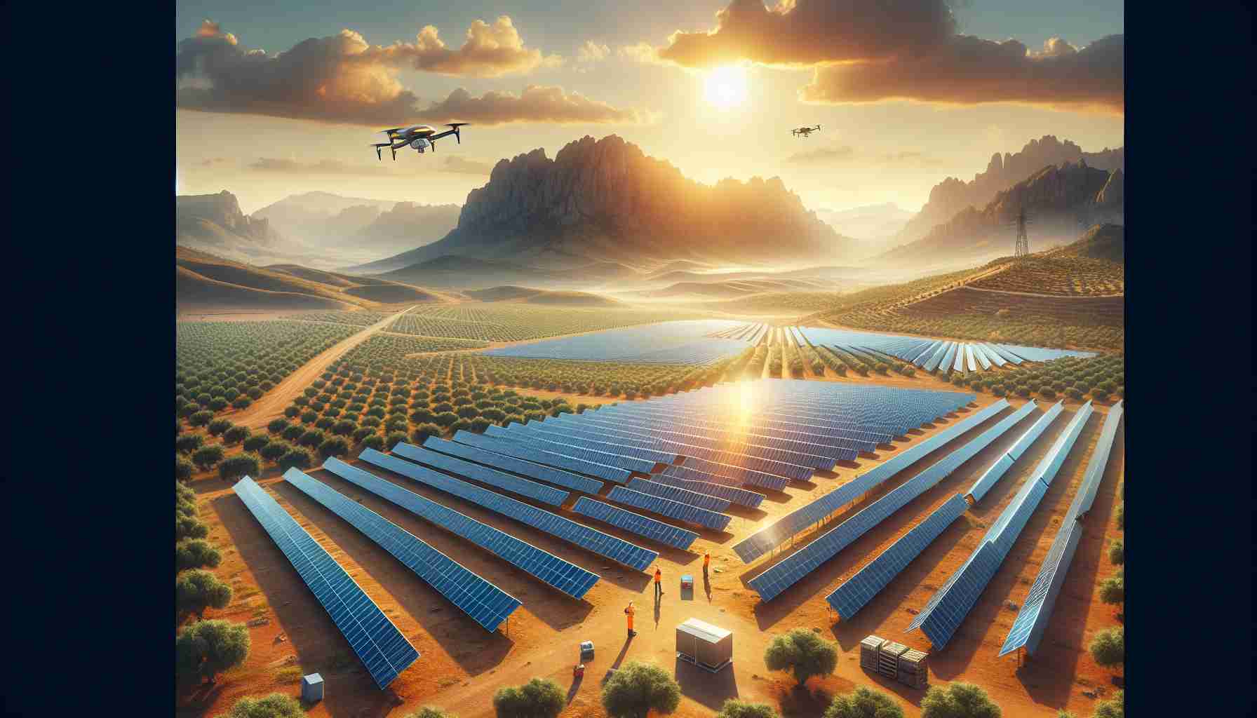 High-definition photograph realistically illustrating new solar energy initiatives flourishing in Spain. The scene includes expansive solar fields with arrays of photovoltaic panels under the brilliant Spanish sun. In the background, the characteristic Spanish landscapes, with mountains and olive groves, add to the image's authenticity. Incorporate details such as technicians checking the panels, drones surveying the area, and perhaps an education center nearby to symbolize the initiative's progress and commitment to a sustainable future.