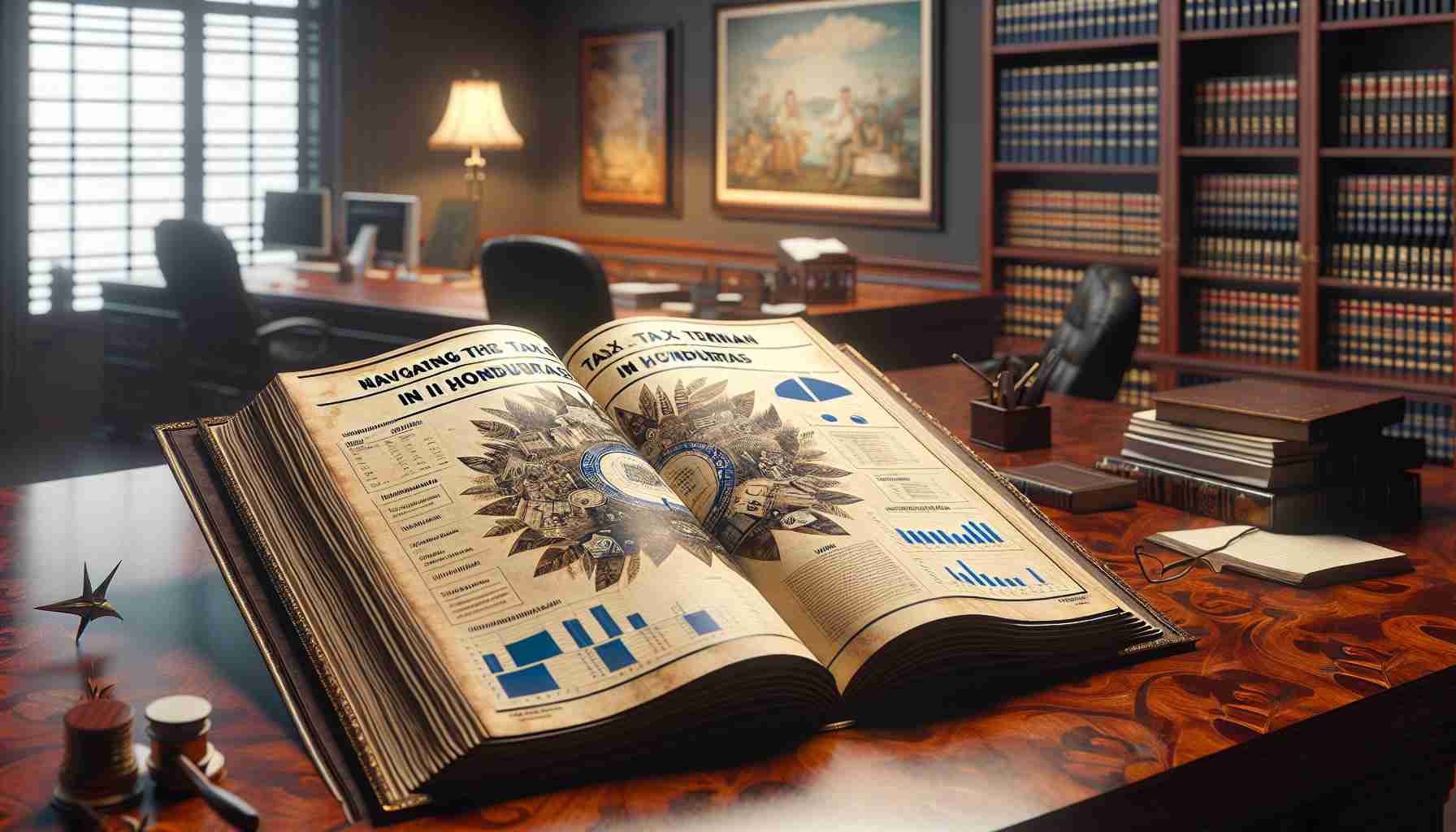 An HD realistic image of a guide themed 'Navigating the Tax Terrain in Honduras'. The guide appears as a heavy leather-bound book that's been opened to a page with several charts and diagrams illustrating various tax scenarios. The book is placed on a Honduran Mahogany wooden table blooming with visually intricate details that signify the cultural influences of Honduras. The room lit with warm ambient lighting, adds a sombre yet inviting vibe. In the background, there is an out-of-focus office setup including desk, chair, and a bookshelf filled with various business and legal texts, indicating it as a professional workspace.