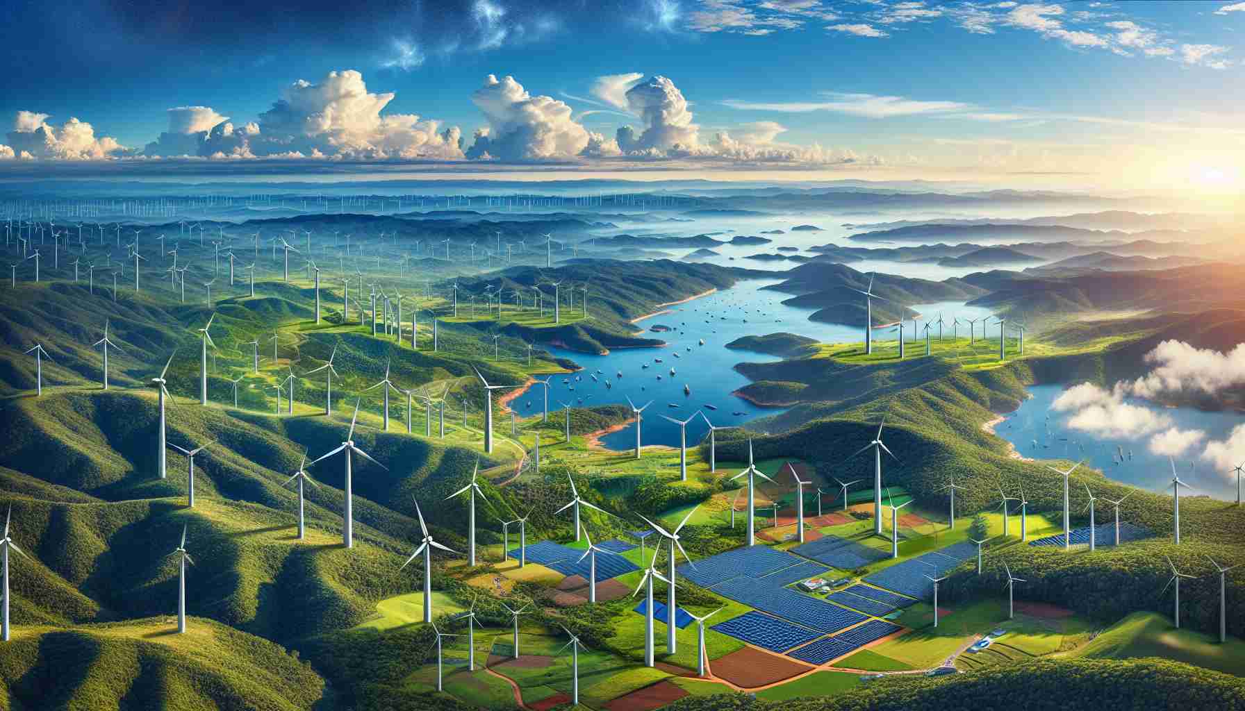 An HD photo showcasing the transformation of Brazil's energy landscape over time. The image should depict Brazil's move towards clean energy, with an increase in wind turbines and solar panels captured against the beautiful natural backdrop of Brazil. Make sure to include the terrain filled with lush green forests and vast fields, complemented by blue rivers and the picturesque sky.