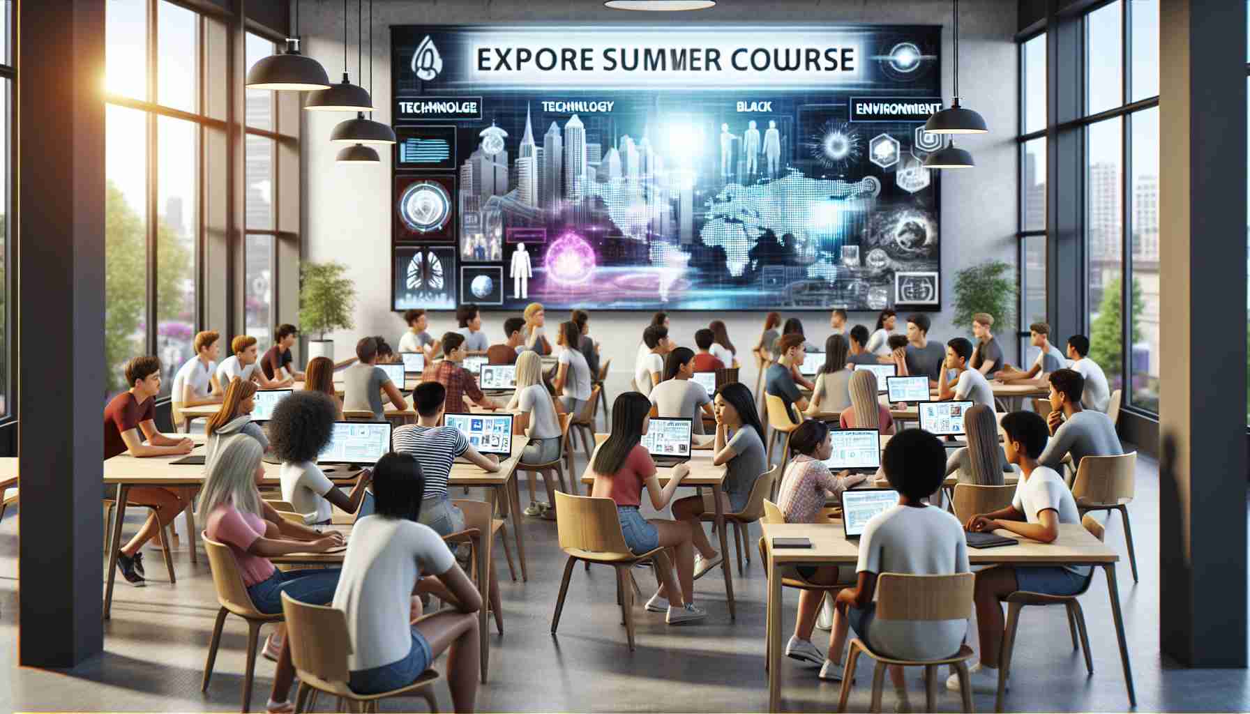 A high-definition, realistic image illustrating a summer course dedicated to exploring future trends. The scene features a diverse group of students from various descents like Caucasian, Hispanic, Black, Middle-Eastern, and South Asian, equally distributed in gender. They are in a modern, well-lit classroom with large windows, engaged in animated discussion. Digital screens display futuristic trends in technology, environment, and social matters. Some students are collaborating on laptops, while others are presenting their ideas on interactive whiteboards. The atmosphere is energetic, signifying the enthusiasm for learning about the future.