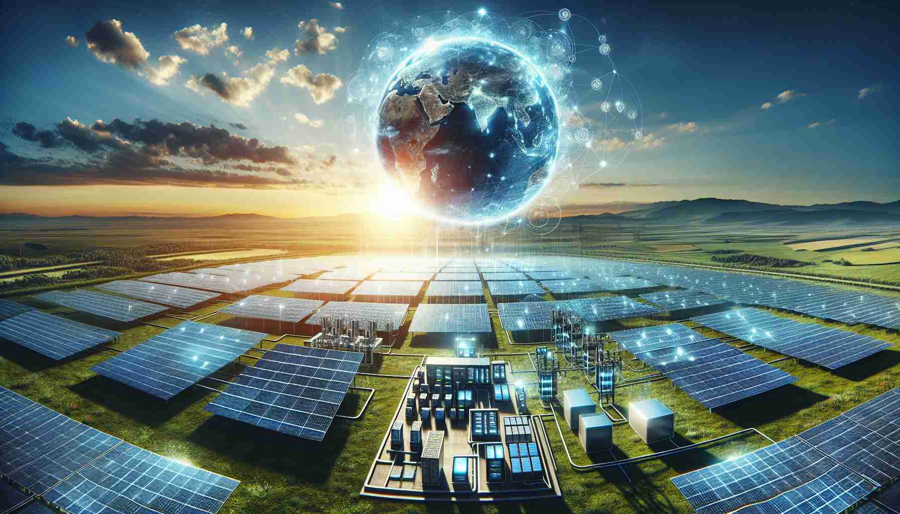 An ultra high-definition image showcasing an innovative and revolutionary energy sustainability concept through the use of solar solutions. The display should cover an extensive array of solar panels spread across a vast field, gleaming under the brilliance of the daytime sun. Accompanying the panels, there should be high-tech equipment signifying advancements in storage and distribution of this sustainable energy. Also, the image should vividly depict the seamless interaction between the solar technology and the natural environment, thereby representing the harmonious blend of technology and nature in sustainable energy solutions.