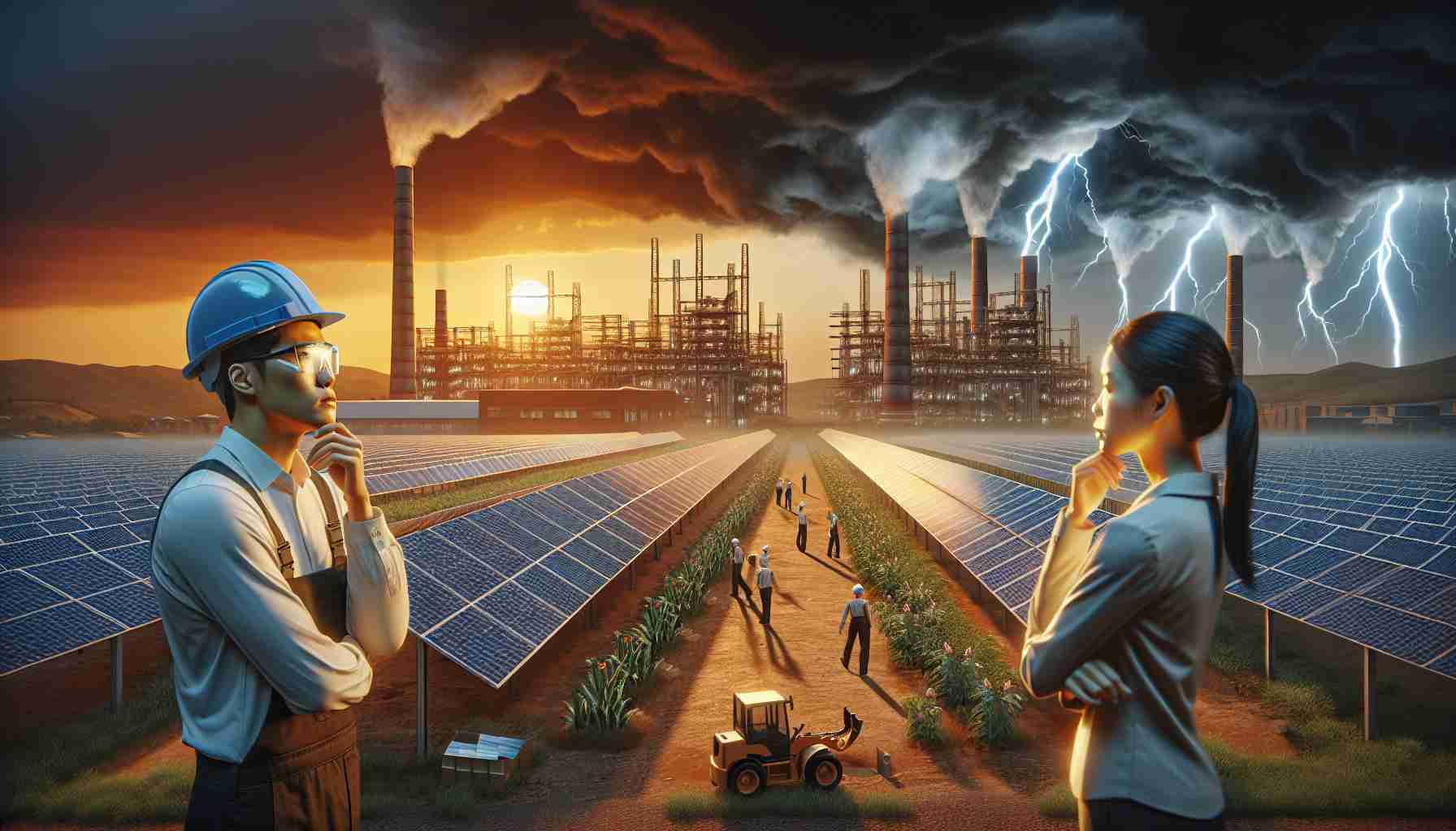 High definition realistic image depicting a scene symbolizing a crisis situation in the solar industry in China. The scene can include solar energy panels under the dusky sky, while unfinished solar panels factories can be seen in the background, representing industry expansion. Thoughts of concern and uncertainty reflected on the faces of the South Asian male engineer and the East Asian female project manager, both on the field.