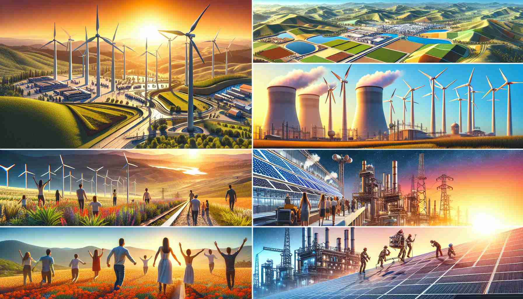 An HD image representing a new era for Spanish industry. It portrays renewable energy transformation impacting its landscapes and architecture. Show vivid scenes of wind turbines situated on rolling hills, solar panels on modern industrial buildings, people of different genders and descents working on these energy projects. Capture the sustainable transition in the dynamic balance between traditional industry and renewable energy sector.