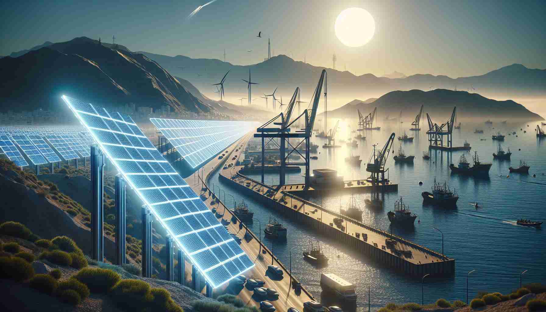 Realistic high-definition image showcasing the embrace of solar power as a sustainable initiative at a bustling seaside port similar to Almeria. Depict a futuristic scene where large solar panels are efficiently aligned, bathing under the sun’s rays. Show waves gently lapping against the port, fishing boats anchored nearby, and silhouettes of distant hills. Finalize it with a clear blue sky offering an embodied promise of endless renewable energy.