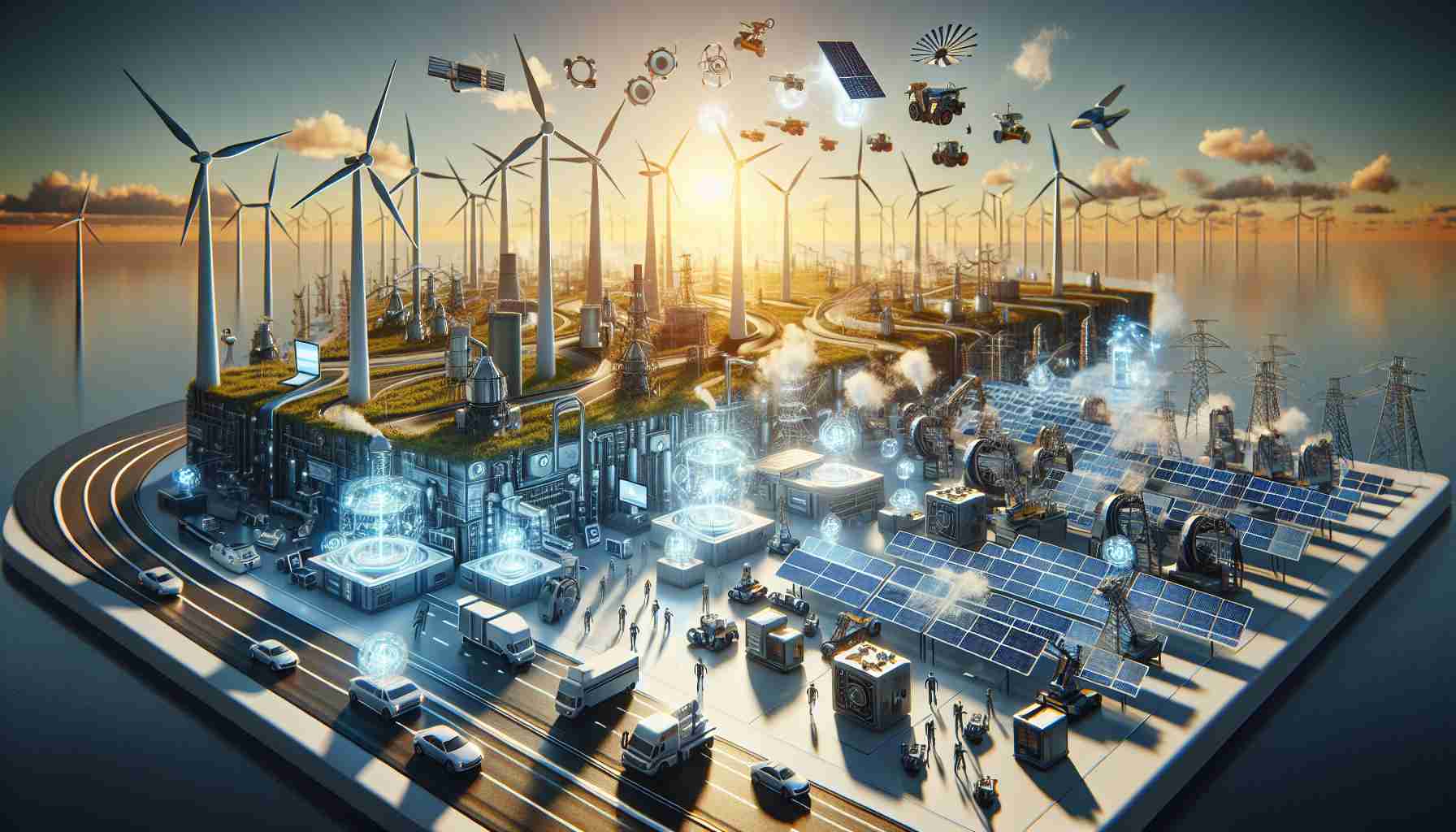 A high-definition, realistic image depicting the concept of revolutionizing renewable energy through integrated technology. It should showcase various forms of renewable energy sources such as solar panels, wind turbines, and hydroelectric power stations, along with advanced technological devices like computers and robots actively integrating these into a unified, efficient system. The scene should evoke a sense of progression and innovation for a sustainable future.