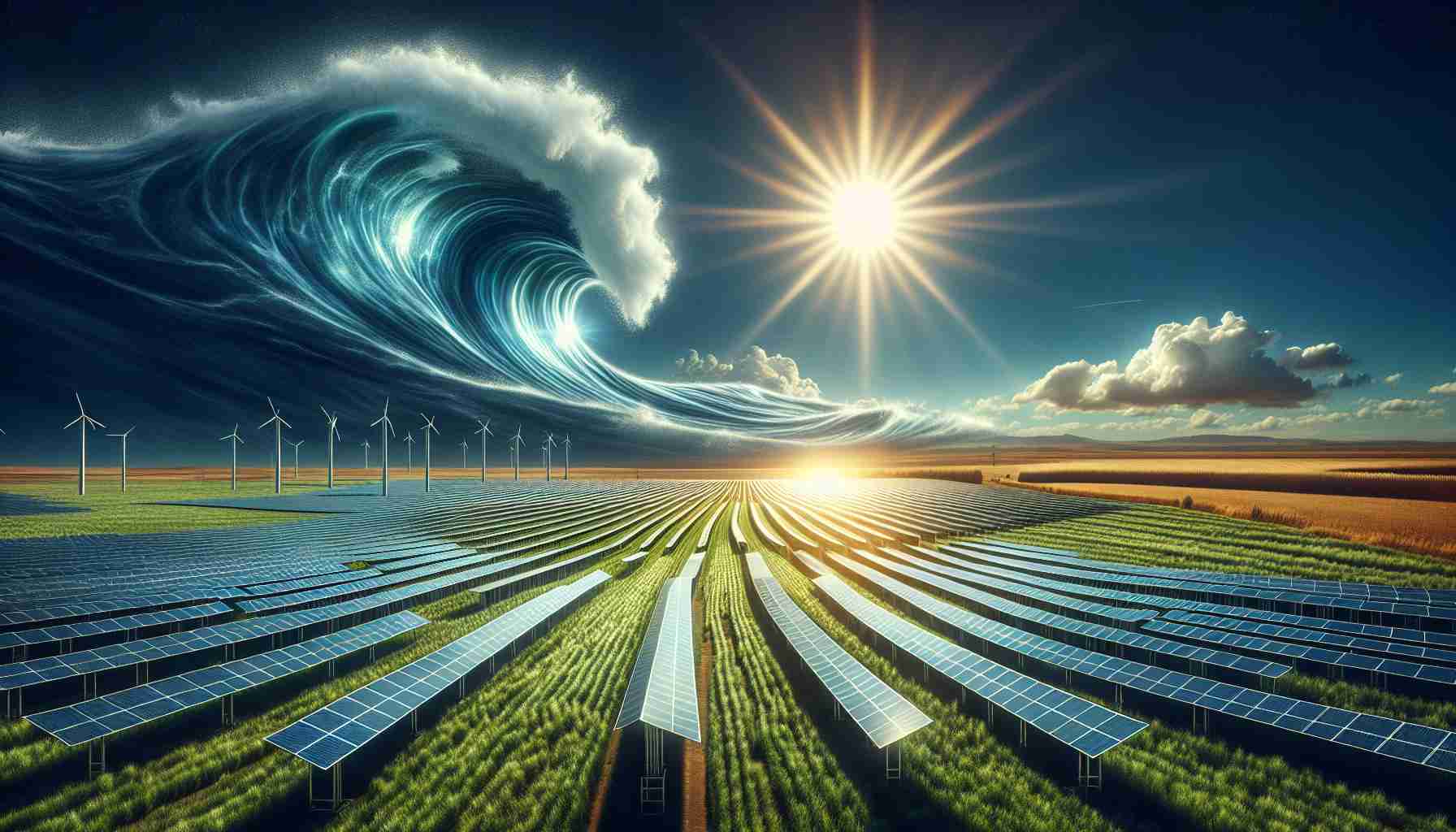 A high definition image presenting the wave of change in power generation, aptly entitled 'Expanding Renewable Horizons'. The scene captures the early phases of a new solar farm installation under the brilliant rays of a southern sun. The vast field is filled with slender metallic structures waiting to be adorned with solar panels. The background depicts a pristine blue sky, unblemished except for a few streaks of white clouds. The sun's reflection adds a vibrant hue to the scene, illuminating the promise of a greener future in the land prospered by sunshine.