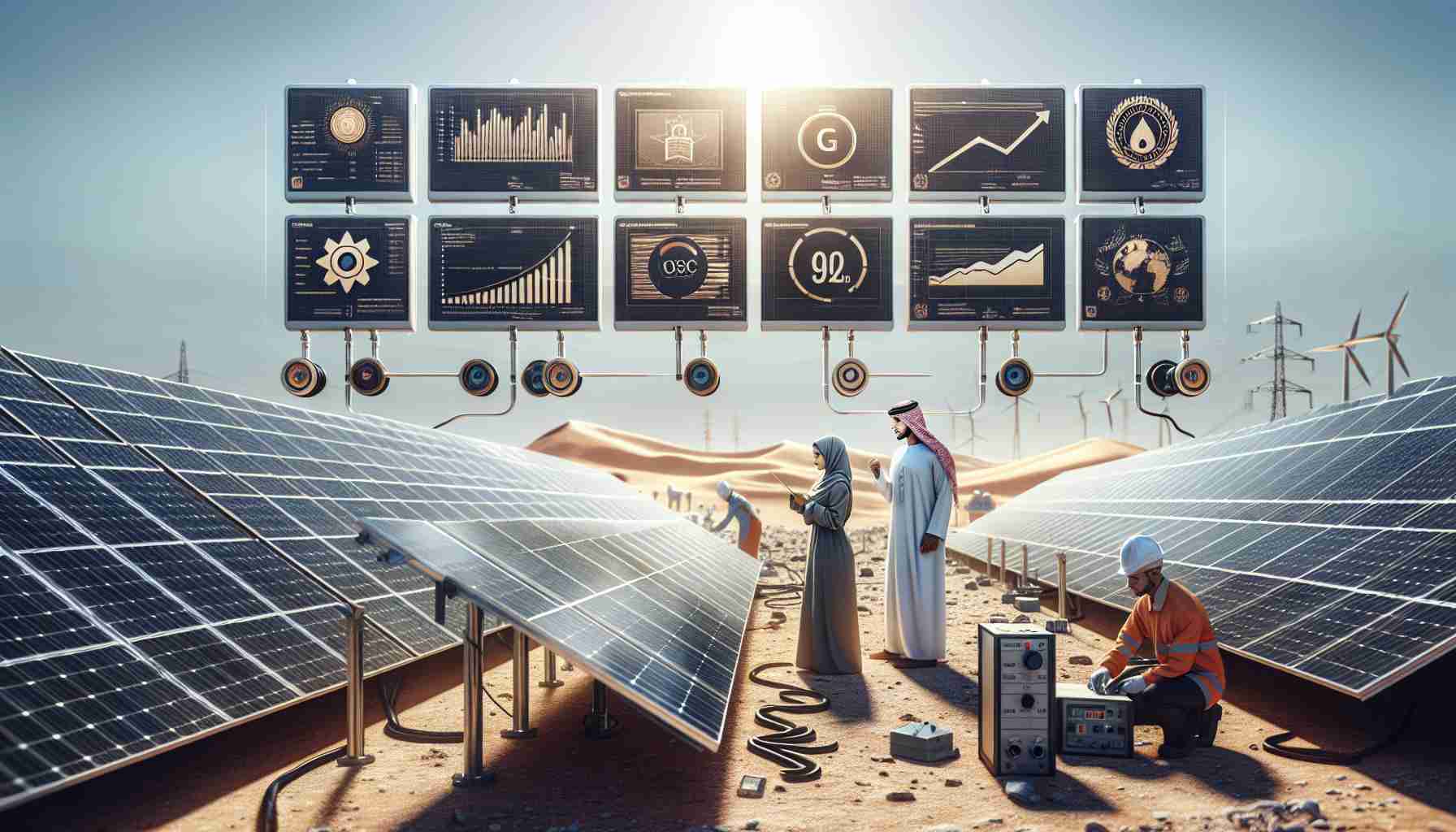 High definition, realistic image displaying advancements of solar energy quality standards in Libya. Depict an array of solar panels laid out efficiently under the blazing sun, with technicians of various genders and races: a Caucasian woman and a Middle-Eastern man, inspecting the equipment. Include visual elements indicative of quality standards, such as charts or graphs showing improvements, certification badges, or safety equipment. The location should be clear from the desert landscape and the symbolic landmarks of Libya in the background.