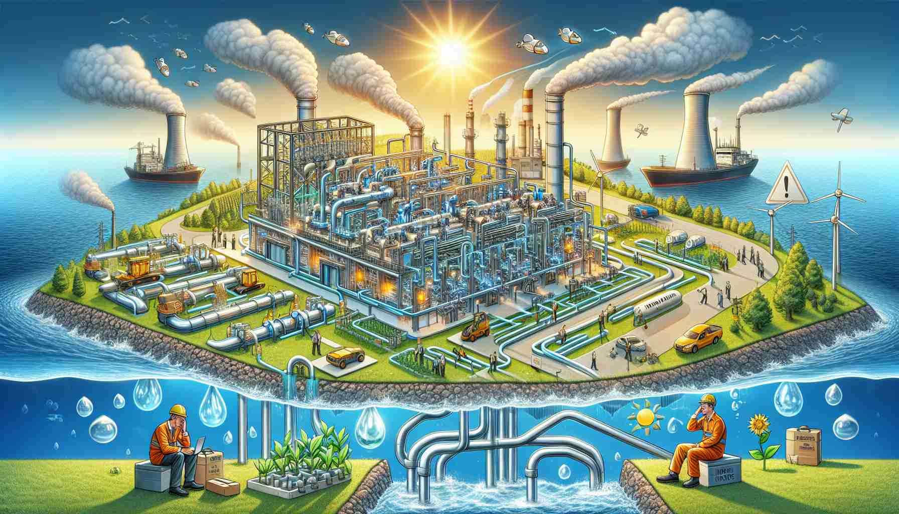 Detailed portrayal of challenges related to sufficient water provision for green hydrogen production. The image should reveal a HD scene centered around a large water body with a hydrogen production plant nearby. Depiction of sun's energy being used for powering the plant indicating a green energy source, and intricate pipe network is seen transporting water to the plant for hydrogen production. Elements such as worried engineers, stressed plant workers could indicate the looming challenge of sustained water supply.