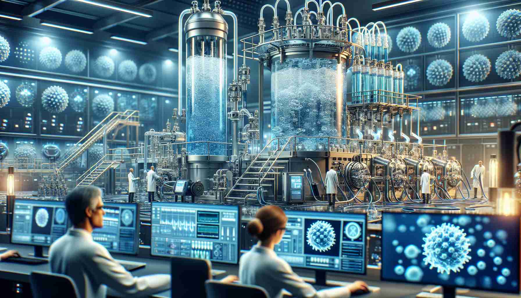 An highly detailed, realistic scene depicting the process of advanced electrolysis technology used for the production of hydrogen. The picture should capture the advanced machinery and equipment in action - electrolyzers, with water molecules splitting into hydrogen and oxygen. Hydrogen molecules can be seen being collected in a containment cylinder and oxygen molecules being safely vented away. The setting of the scene is a high-tech laboratory with scientists, one Caucasian male and one Hispanic female, busy monitoring the process on computer screens.