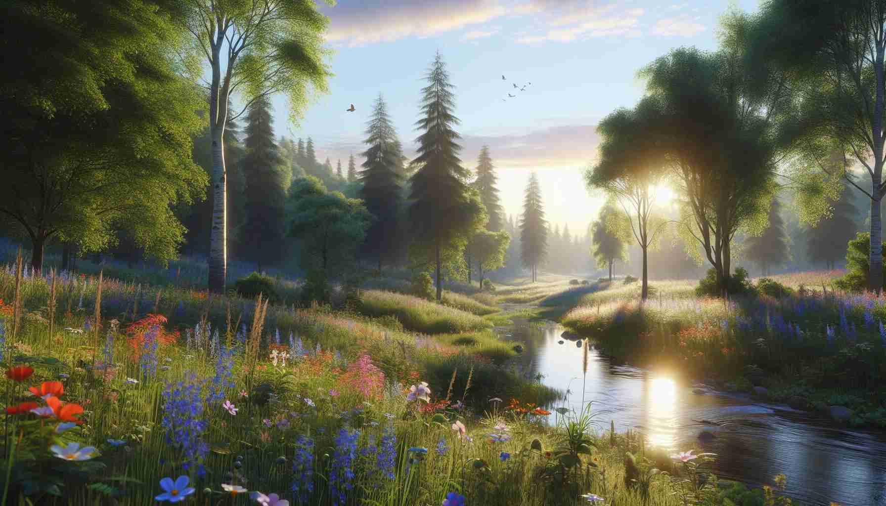 Realistic, high-definition artwork of a serene, sunlit forest, with a clear sky and dotted with vibrant, colorful wildflowers. The trees should be tall with diverse forms and sizes, stretching towards the sky, and the ground should be covered in lush grass. A stream is gently flowing across the scene, reflecting the sunlight and creating an idyllic, tranquil atmosphere. Can also include some birds fluttering and chirping around.