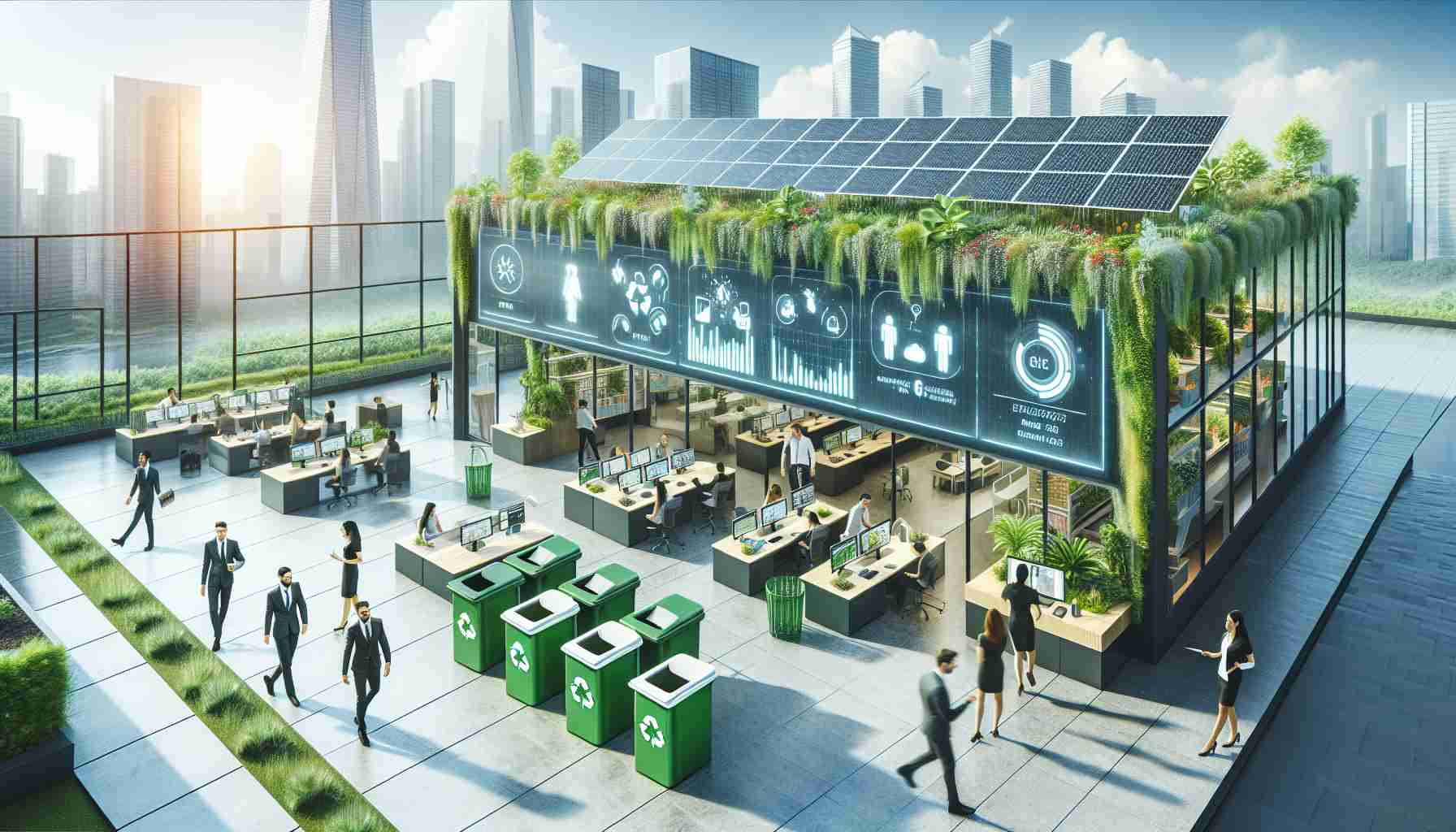 Create an image depicting a high-definition scene that exemplifies the revolution of sustainability in the corporate world. Imagine a modern, eco-friendly office environment with solar panels on the roof, a green wall with lush vegetation, recycling bins strategically placed and employees of different genders and descents, all contributing to various tasks. There is a digital display showing real-time energy usage and sustainability metrics, and the design of the building is energy-efficient with ample natural light. The atmosphere is full of innovation and progress towards a sustainable future.