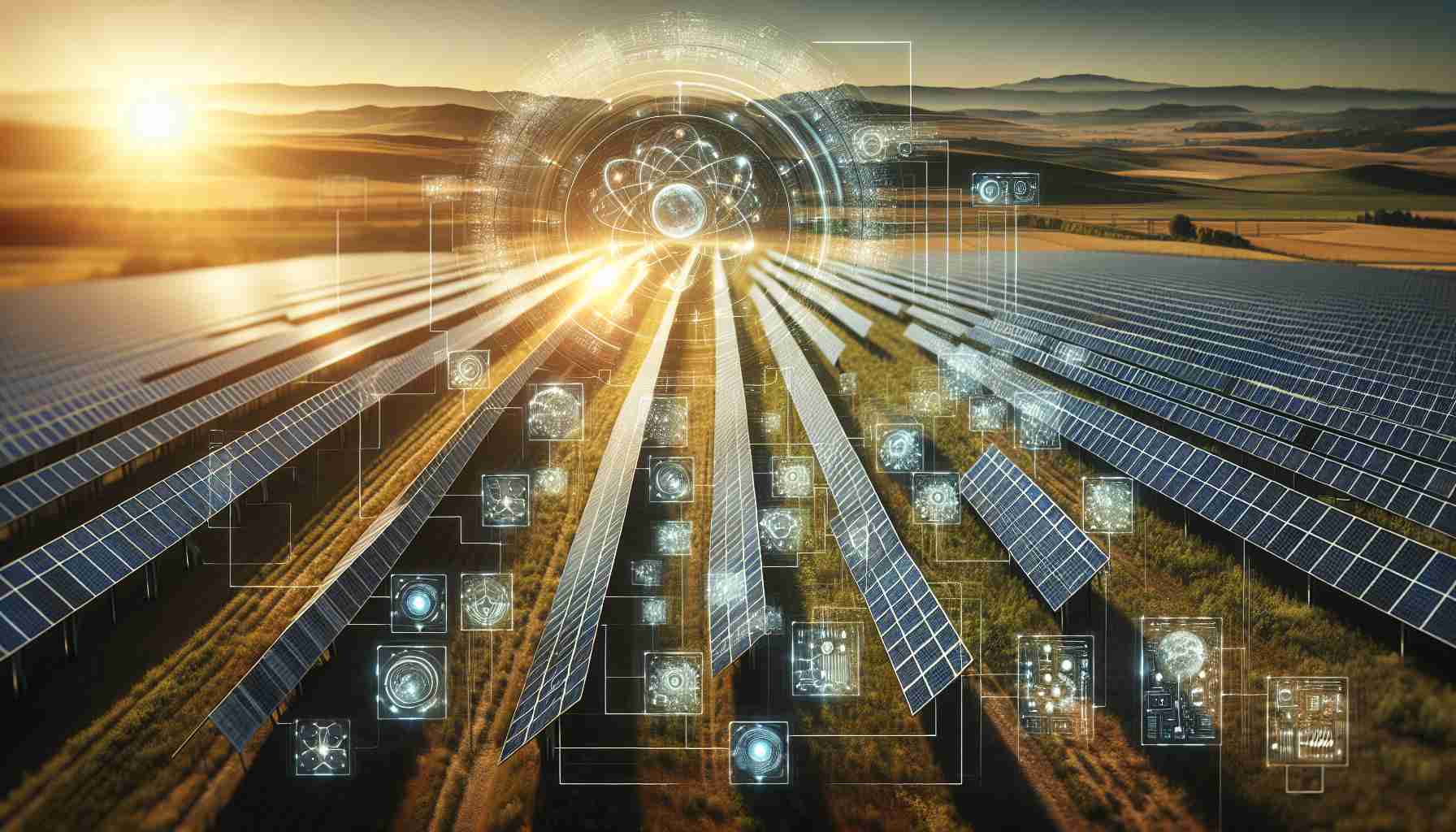 A high-definition, realistic depiction of the impact of innovative solar technology on the development of clean energy. Picture it showing solar panels spread out across a field, capturing sunlight. Include visuals that represent the transformation of solar energy into electricity, like diagrams or symbolic representations. Include some underlying structures such as energy storage units and power grids. The scene should imply advancement, growth, and the transition towards a sustainable, clean energy future.