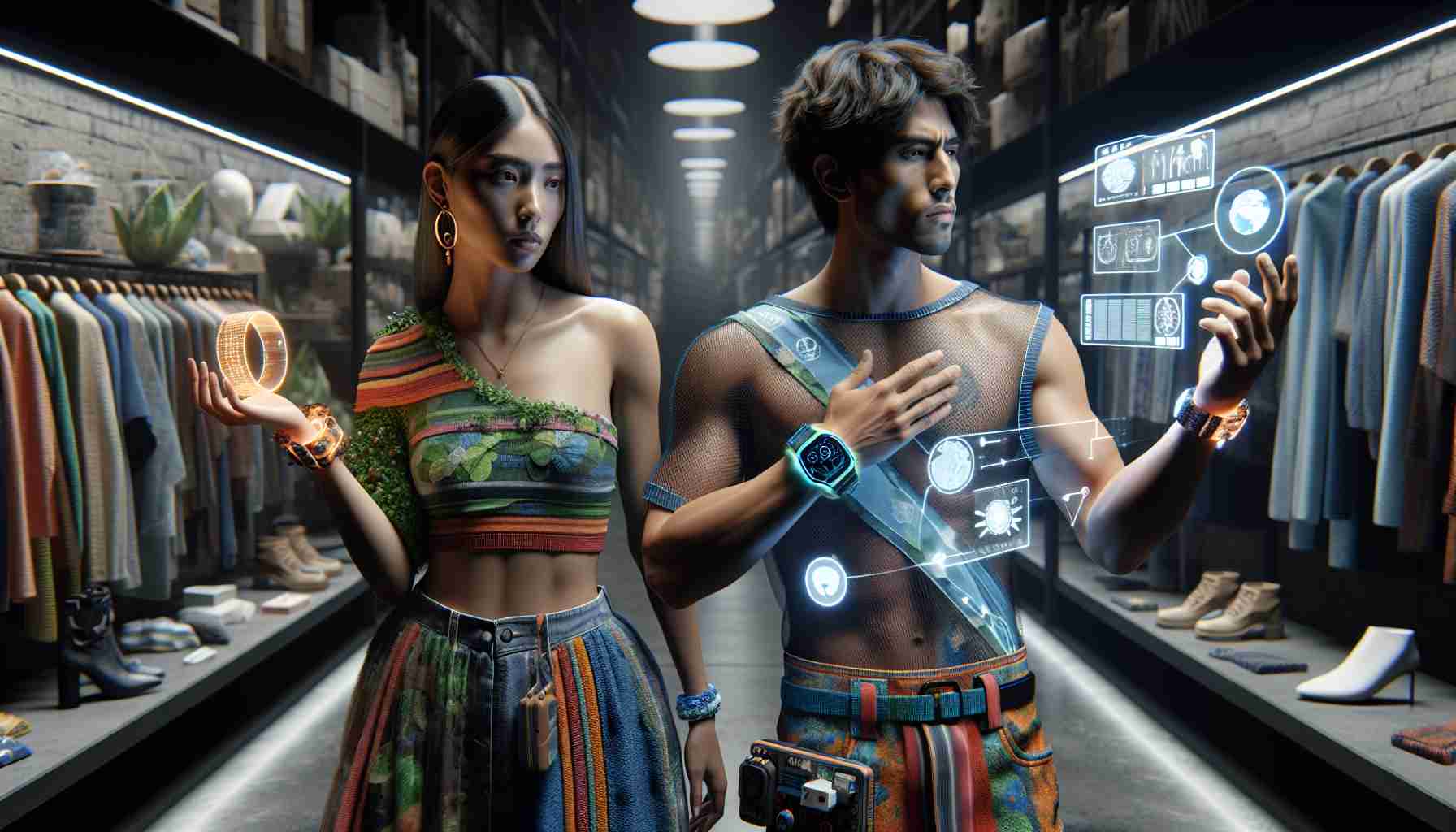 Create a realistic HD image that represents the alliance between sustainable fashion and technology. Display a scene with two models of different descents, one middle-eastern woman and one hispanic man. They are showcasing clothing made from recycled materials and are using digital gadgets like bio-degradable smartwatches and solar-powered accessories. Display considerable detail in textiles and devices, emphasizing the elements that mark these items sustainable and technology-based. The backdrop should indicate a modern, tech-friendly environment; LED lighting and holographic displays could be some elements to consider.