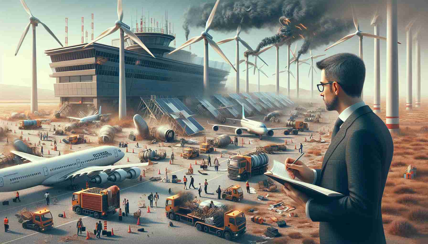 High-definition, realistic digital image depicting a Spanish airport. The scene shows disruptions related to the energy sector. Wind turbines may be at a standstill, solar panels covered in dust, or fuel trucks idle, leading to grounded planes and a crowd of stranded passengers. In the foreground, a concerned lawyer dressed in a business suit, representing the operator, is seen meticulously reviewing legal documents. This illustration symbolizes the legal challenges that the Spanish airport operator is facing due to the energy sector's disruptions.