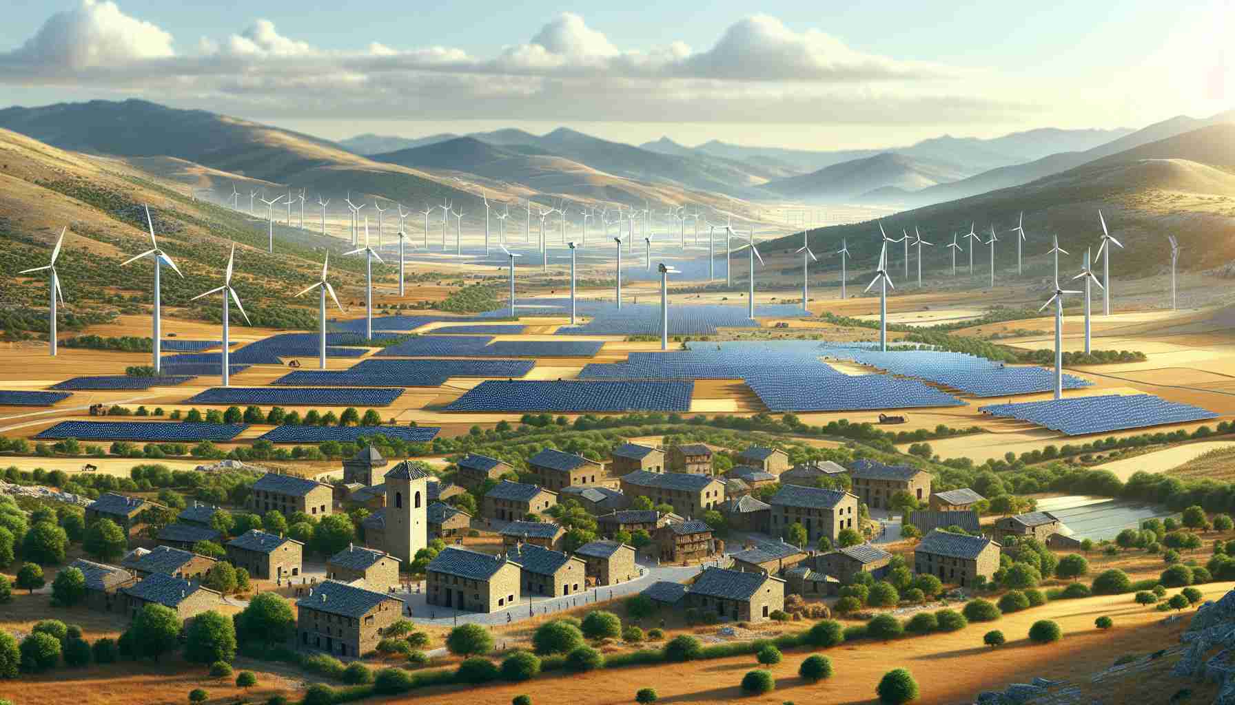 Realistic, high-definition image depicting the region of Castilla y León in Spain, leading the way towards a sustainable future. Picture rolling hills and vast plains dotted with wind turbines and solar panel arrays. Stone-built villages coexist harmoniously with this new technology, illustrating a seamless blend of old and new. Biodiverse forests and protected areas indicate an emphasis on conservation. Further visualize people of various descents and genders working respectively in green technology industries, contributing to the forward-looking vision. Please focus on eco-friendliness and sustainability.