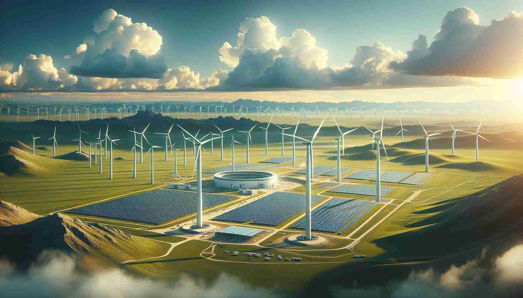 Create a high-definition, realistic image of a renewable energy project situated in the geographical location of Inner Mongolia. The scene should show green innovation methods being implemented, possibly with large wind turbines spinning against a wide-open sky, solar panels covering vast expanses of land, and potentially other green technologies integrated harmoniously within the local environment, reflecting the innovative ideas of eco-friendliness.