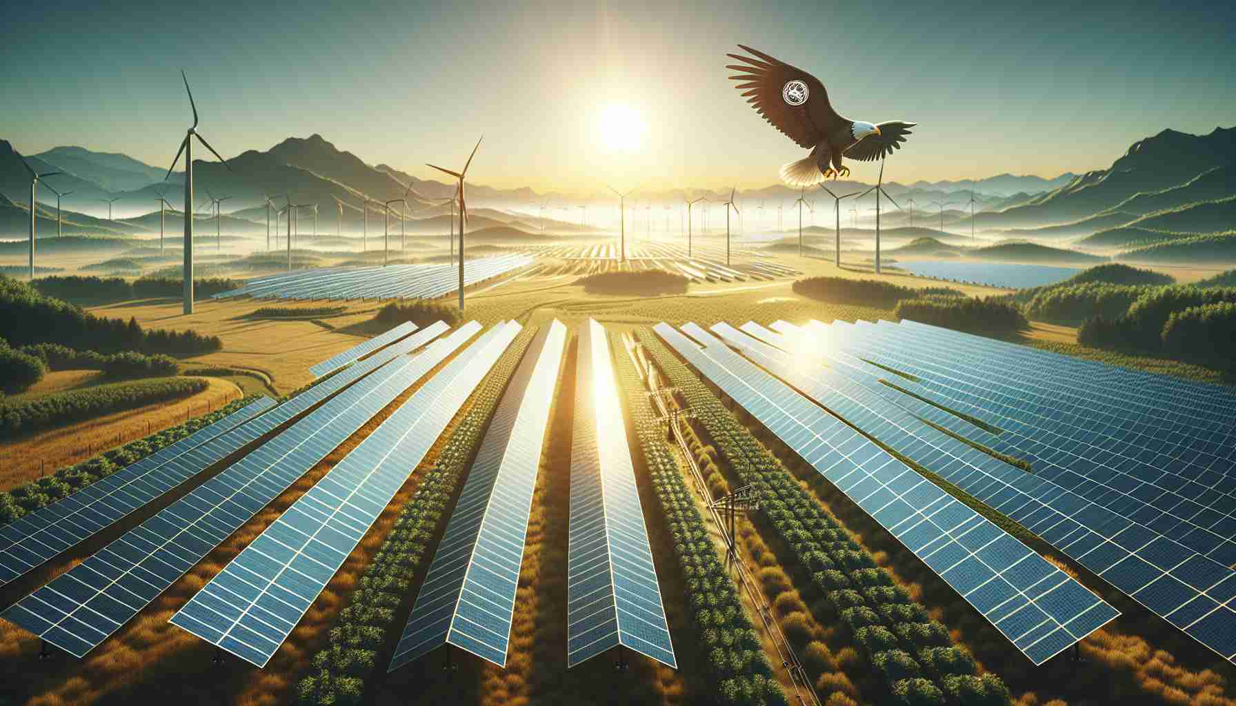 Generate a high-definition, realistic image of new solar energy projects. The scene should depict vast fields filled with solar panels capturing sunlight, with an emphasis on the modern, eco-friendly technologies employed. The projects are organized by a fictitious company named 'Aquila Clean Energy', indicating advanced technology and high efficiency. Please include the company's logo, possibly a stylized eagle, symbolizing its name 'Aquila', Latin for 'Eagle'. Surrounding the energy projects, we should see a pristine natural environment, highlighting the harmony between these renewable energy initiatives and nature.