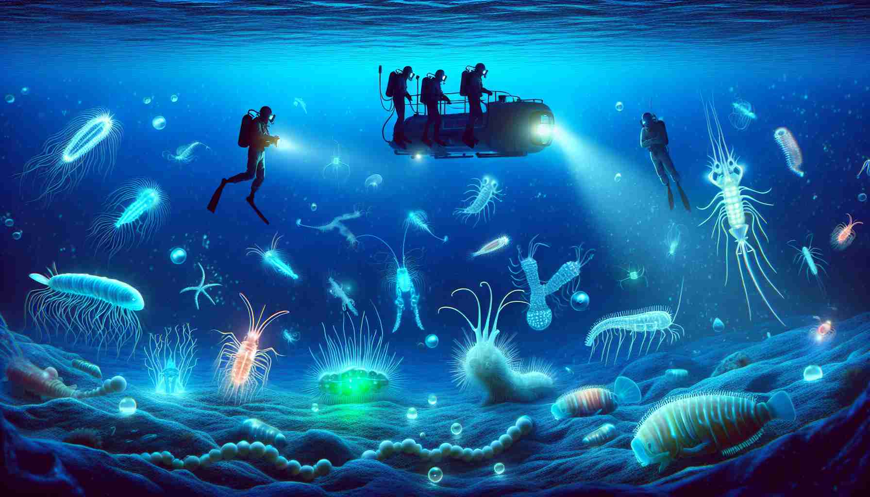 Create a detailed and realistic high-definition image of marine biologists exploring the mysteries of deep-sea creatures. It should depict these scientists examining the underwater world laden with its diverse ecosystem using submersible vehicles. Show a variety of unknown deep-sea creatures that exhibit bioluminescence, have transparent bodies, or are in strange shapes, and colors. The depth of the sea can be portrayed by the blue gradient turning darker as it gets deeper. The sea floor should be limiting visible light, highlighting the bioluminescence of the organisms.