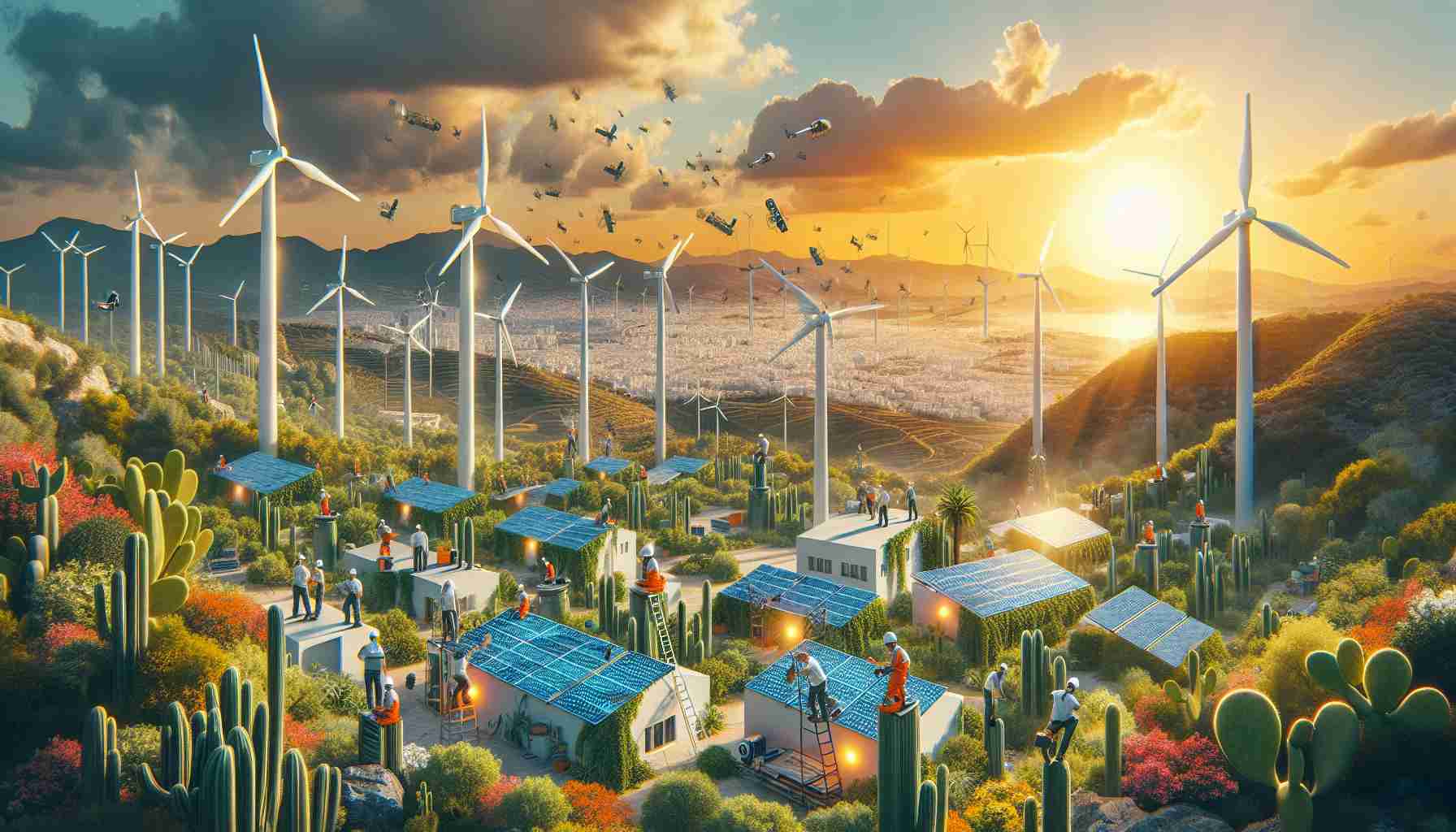 Generate a hyper-realistic, high-resolution image illustrating the concept of a new plant-based energy initiative. This emerging initiative is not only helping the environment but also creating job opportunities for many people in Murcia, a beautiful city known for its abundant sunshine and wind. The image should show wind turbines and solar panels surrounded by lush green vegetation. Add workers of varying descents such as Caucasian, Hispanic and Black, both male and female, busy installing solar panels and maintaining wind turbines. The background should prominently feature the picturesque landscape of Murcia.