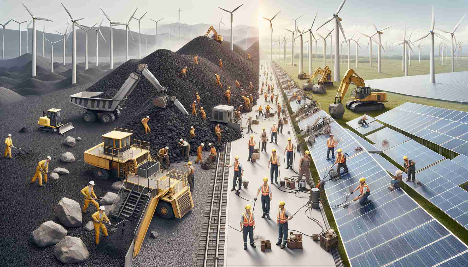 A realistic and high-definition image portraying China's shift from coal to renewable energy. One side of the image shows a coal mine, represented by mounds of black rocks and heavy mining equipment. Workers, consisting of both men and women from various descents such as Middle-Eastern, Caucasian, and South Asian, are actively engaged in mining. The other side depicts a vast field adorned with modern wind turbines and solar panels. Engineers of multiple descents including Hispanic, Black, and East Asian, are working on the installation of these renewable energy infrastructures. The composition signifies a transition, mirroring China's energy evolution.