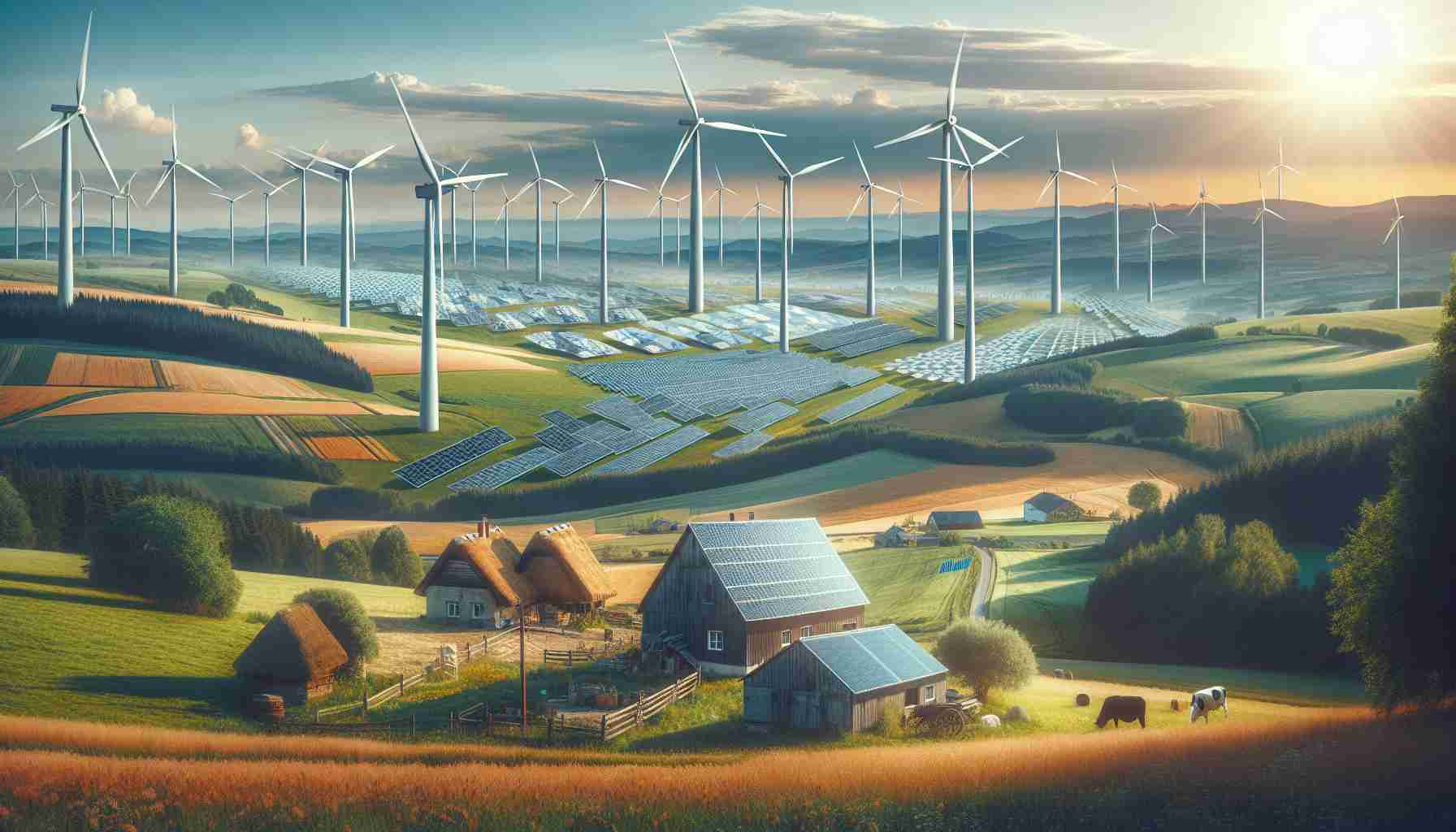 Generate a realistic and high-definition photo that showcases 'New Regulations Aim to Safeguard Rural Areas from Renewable Energy Installations Impact'. The image should depict rural landscapes with elements of renewable energy installations — such as wind turbines or solar panels — in the background. To visualize the impact of regulations, show some panels being disassembled or stationary wind turbines. Emphasize the rural surroundings with agricultural fields, rolling hills, farmhouses, local flora & fauna. The climate should imply a positive impact of these new regulations, like clear skies or flourishing crops.