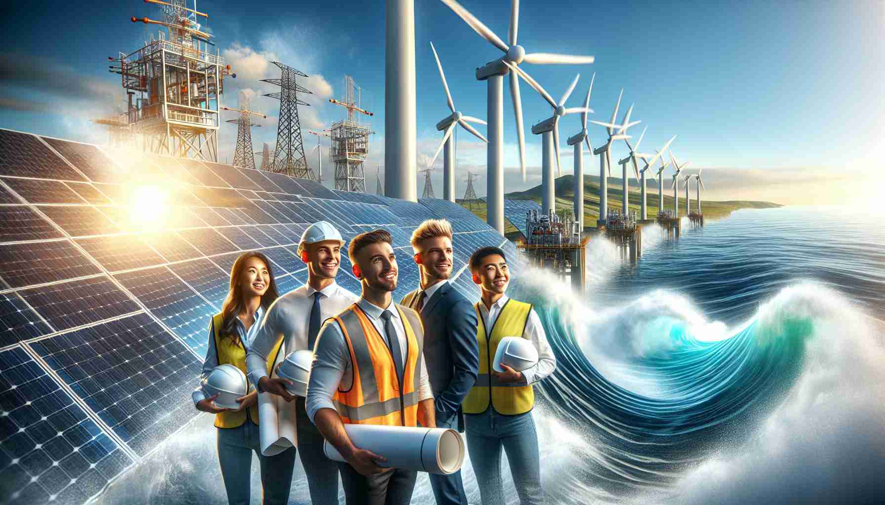 Create a high-definition, realistic image depicting a groundbreaking moment in the renewable energy sector. The scene could contain solar panels gleaming under bright sunlight, gigantic wind turbines spinning against a clear blue sky, and a wave energy converter harnessing the power of the ocean. Perhaps, in the foreground, a team of diverse engineers – a Caucasian male, a Hispanic female, a Black male, and an Asian female – could be celebrating this accomplishment. They would be dressed in safety gears and holding blueprints, symbolizing their contribution to the achievements in the green, sustainable energy field.