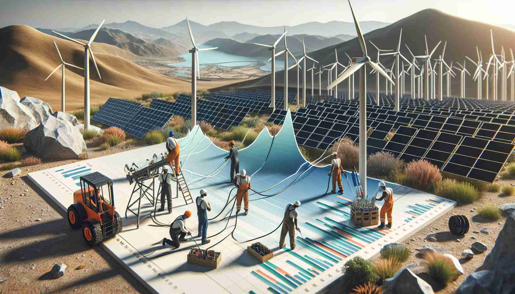 A high-definition, realistic visual representation of challenges in the renewable energy sector. The scene could display the installation process of photovoltaic solar panels on an uneven terrain, symbolizing the geographical challenges. Nearby, a crew of workers, a Black woman, a Caucasian man, and a Middle-Eastern man are trying to connect a wind turbine to the power grid, representing logistical challenges. Lastly, include a chart in the foreground showing fluctuating statistics of renewable energy production and demand, demonstrating the economic and utility challenges faced by this sector.