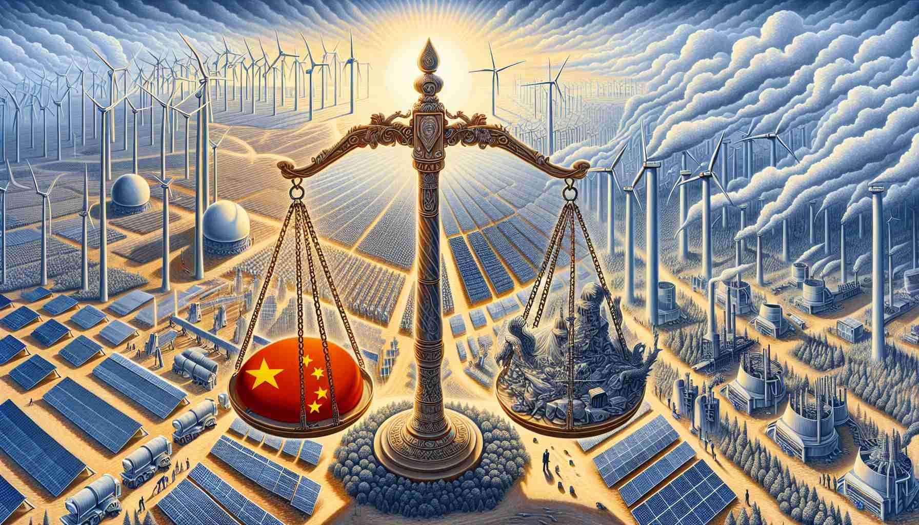 An elaborative and realistic HD image depicting a symbolic representation of China's progress in renewable energy, compared to Western countries. Please visualize a landscape with solar panels, wind turbines, and other renewable energy sources on the left, traditionally associated with China, and a balance scale in the middle of the image indicating China outweighing the West. On the right, illustrate western countries with less advanced renewable energy infrastructure. Ensure to capture the emotions of striving, growth, and competitive spirit. Avoid any explicit reference to flags, politicians or real-life locations.