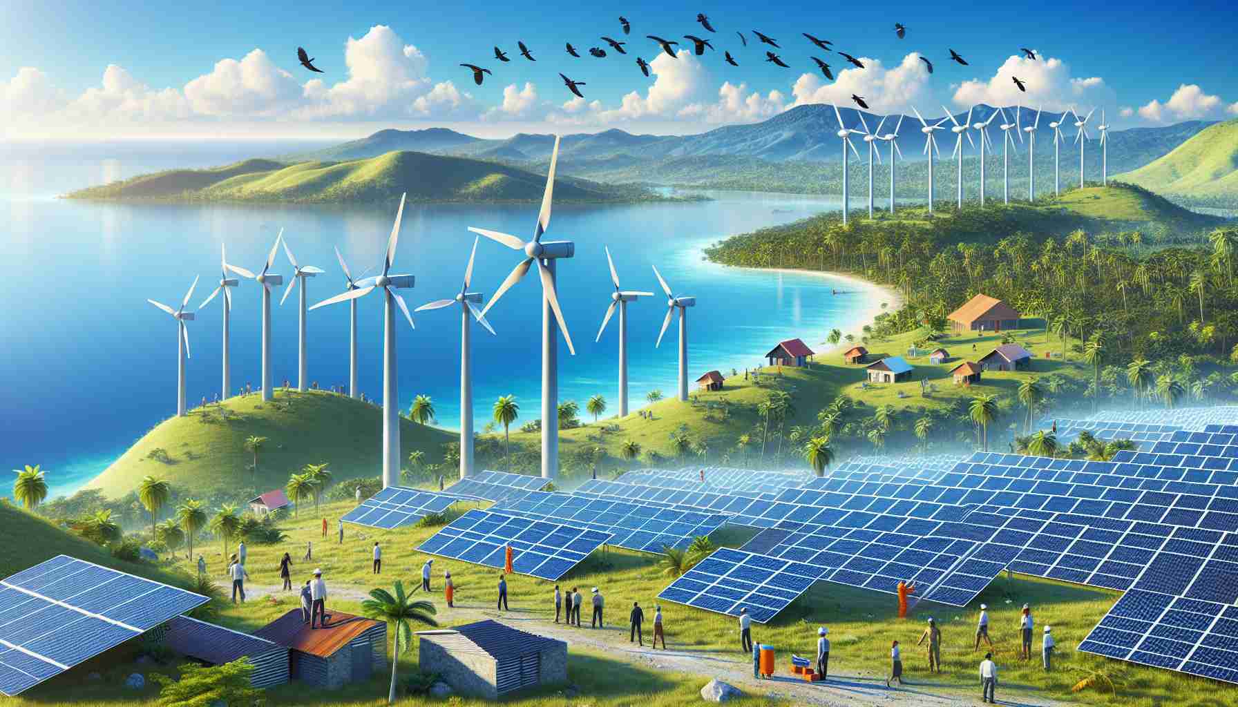 Create a realistic, high-definition image of a scenario that represents the transformation of energy production in the Dominican Republic. The scene could include large solar panels and wind turbines placed in a landscape consistent with the country's geographical features, such as its tropical forests and coastal areas. People, indicating a diversified descent and gender, maybe seen working diligently on the renewable energy equipment, depicting cooperative action toward sustainable energy transitions. Birds flying in the blue sky over the sea could be an added aspect symbolizing freedom and environmental harmony.