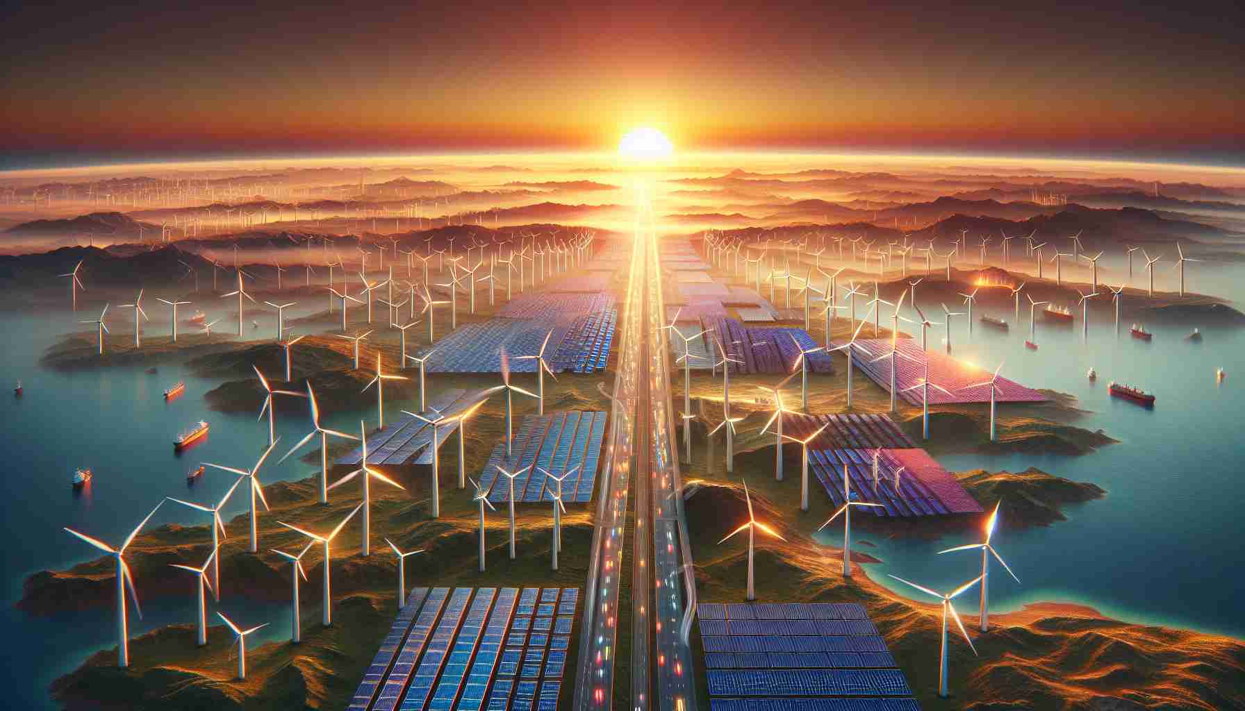 A very high definition, realistic image showcasing the concept of expanding renewable energy across international borders. The scene could incorporate a network of impressive wind turbines and solar panels stretching out from one landscape, signifying one nation, into another with distinct geographical features. On the horizon we could envision the vivid, glowing sunrise, symbolizing a new dawn of sustainable energy. The image should capture the essence of harmony, unity and collective progress towards a greener, cleaner future.