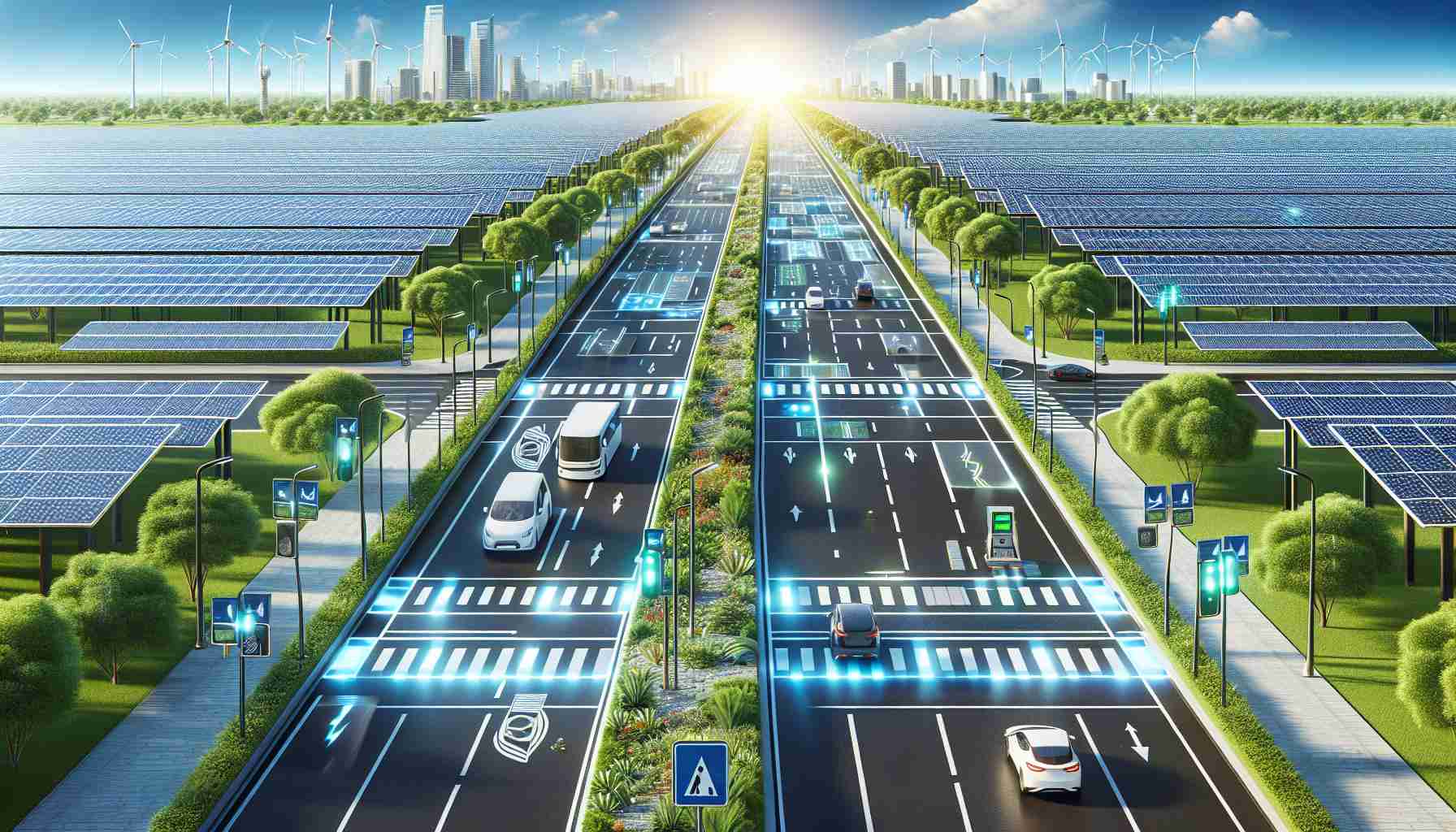 Visualize a high-definition realistic representation of solar-powered roadways, showcasing a vision for a sustainable future. Include various details such as solar panels embedded into the road surfaces, bright LEDs displaying traffic signals or pedestrian crossing zones, and electric vehicles efficiently utilizing the power obtained from the road. Add greenery along the sides and blue skies indicating a clean environment free of pollution.