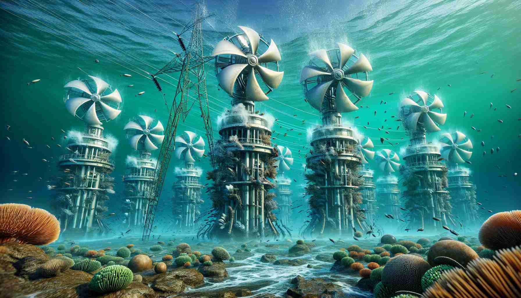 A high-definition, hyperrealistic image depicting the revolution of renewable energy generation with the help of underwater turbines. The image portrays a collection of massive turbines installed underwater, capturing the kinetic energy of water currents and transforming it into electricity. These turbines are encrusted with marine life, indicating their harmony with the underwater environment. In the background, electrical transmission lines run towards the shore, hinting at a community powered by this clean and sustainable energy source. The ocean floor and aquatic life around the turbines add vividness and richness to the scene.