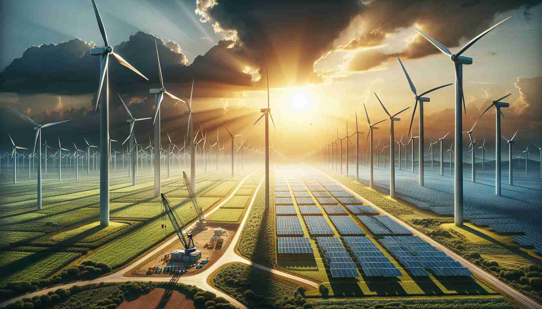 A realistic, high-definition illustration showcasing the growing impact of renewable energy sources. In the composition, visualize a vast field populated with wind turbines, their sleek designs towering over the verdant landscape. Bright sunlight casts long shadows, representing the decline of non-renewable resources. In another section, depict a solar farm with panels as far as the eye can see, glistening under the light of the sun. On the horizon, depict construction cranes building more wind and solar installations, symbolizing the continuous growth of these energy sectors.