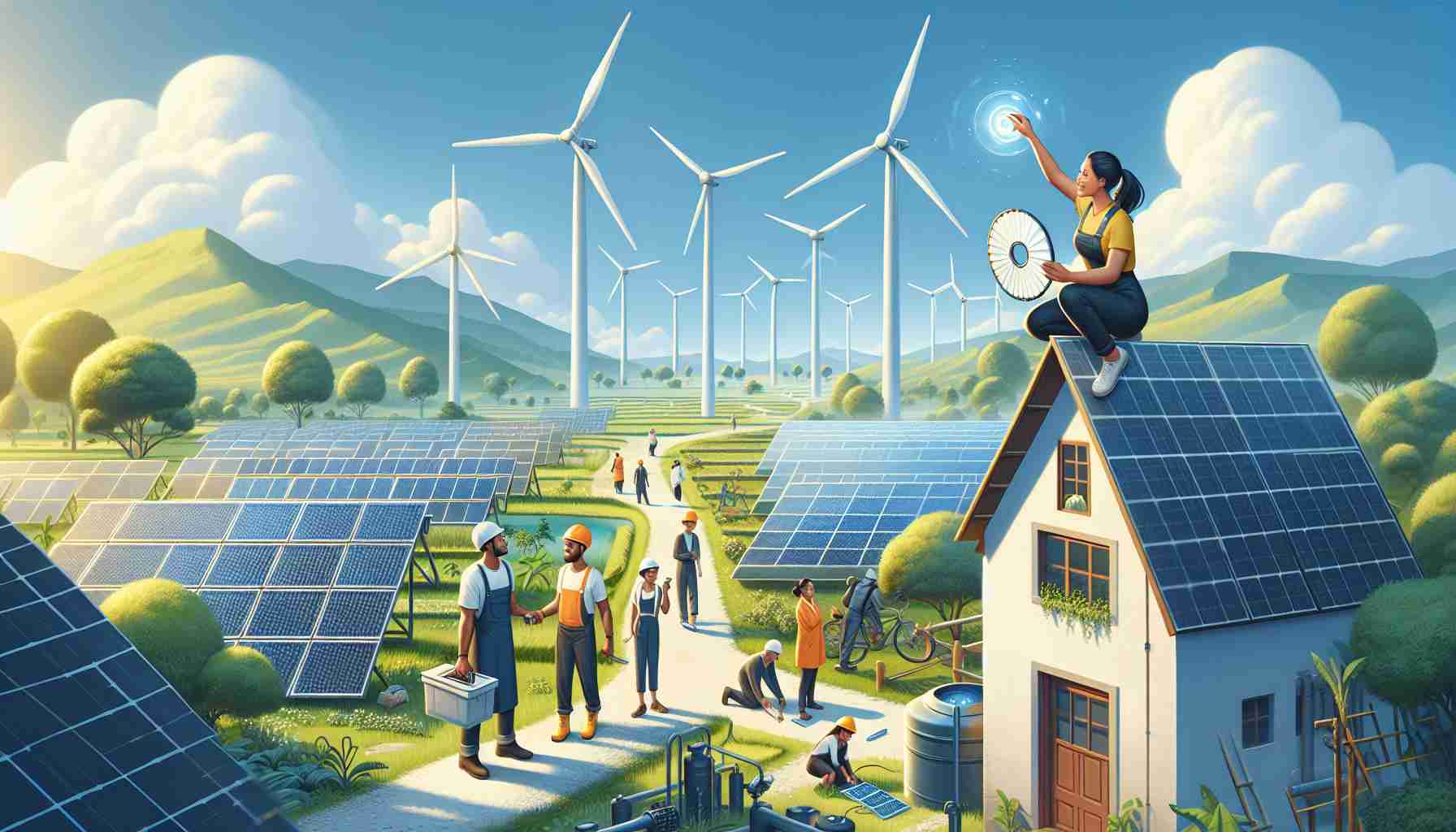 Create a realistic high-definition image depicting the transformation of energy sources in rural communities. Show wind turbines in the landscape, solar panels on rooftops, and perhaps biomass energy technology where applicable. Include characters of varying descents and genders actively participating in this sustainable energy revolution. Let's see a South Asian female engineer inspecting a solar panel and a Black male technician working on a wind turbine. This scene should convey optimism for a green energy future in these traditionally underserved areas.