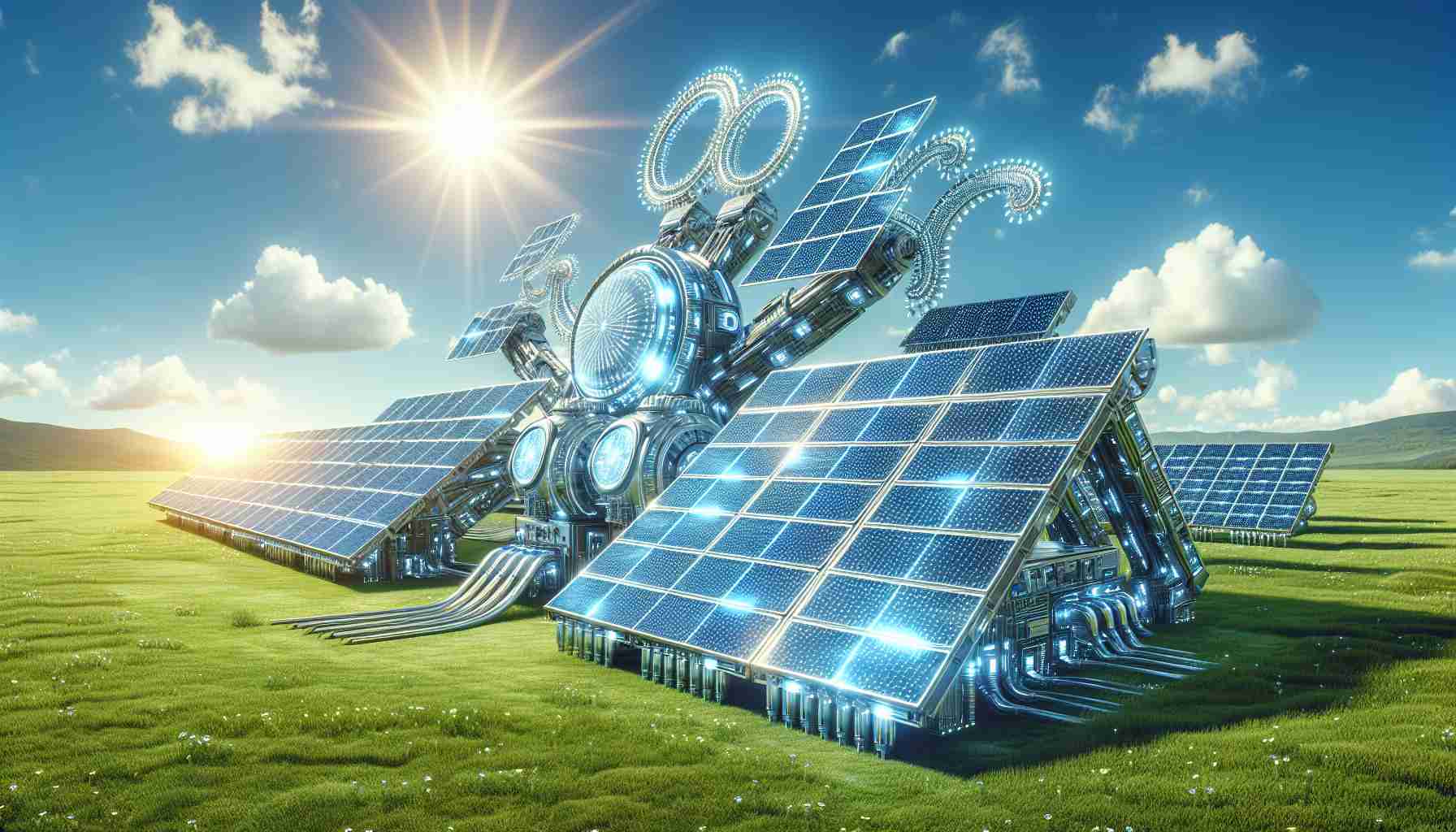 Generate a detailed and realistic high definition image showing a new approach towards generating solar energy. It includes futuristic solar panels soaking up sun rays in an efficient way. The setting is a bright day, with a clear blue sky and the sun is shining brightly. The solar energy system is located in a green field and has advanced technology that is aesthetically pleasing and eco-friendly.