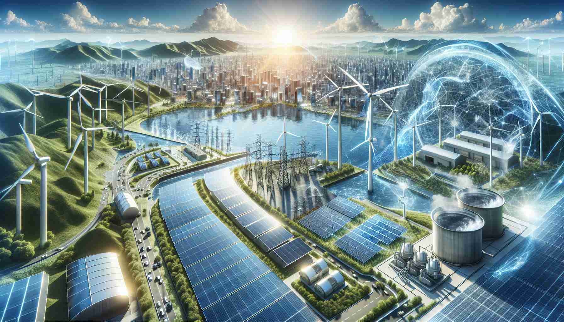 A realistic, high-definition illustration showcasing the advancements in the renewable energy sector enhancing sustainable power supply. Depict a diverse range of advanced technologies, including solar panels capturing the sun's energy, mighty wind turbines harnessing the wind's power, and hydroelectric dams utilizing the force of rushing water. Include the futuristic design of these resources, emphasizing efficiency and sustainability. Show how they are interconnected in a grid system, delivering electricity to an urban city with various buildings while contributing to a greener planet.