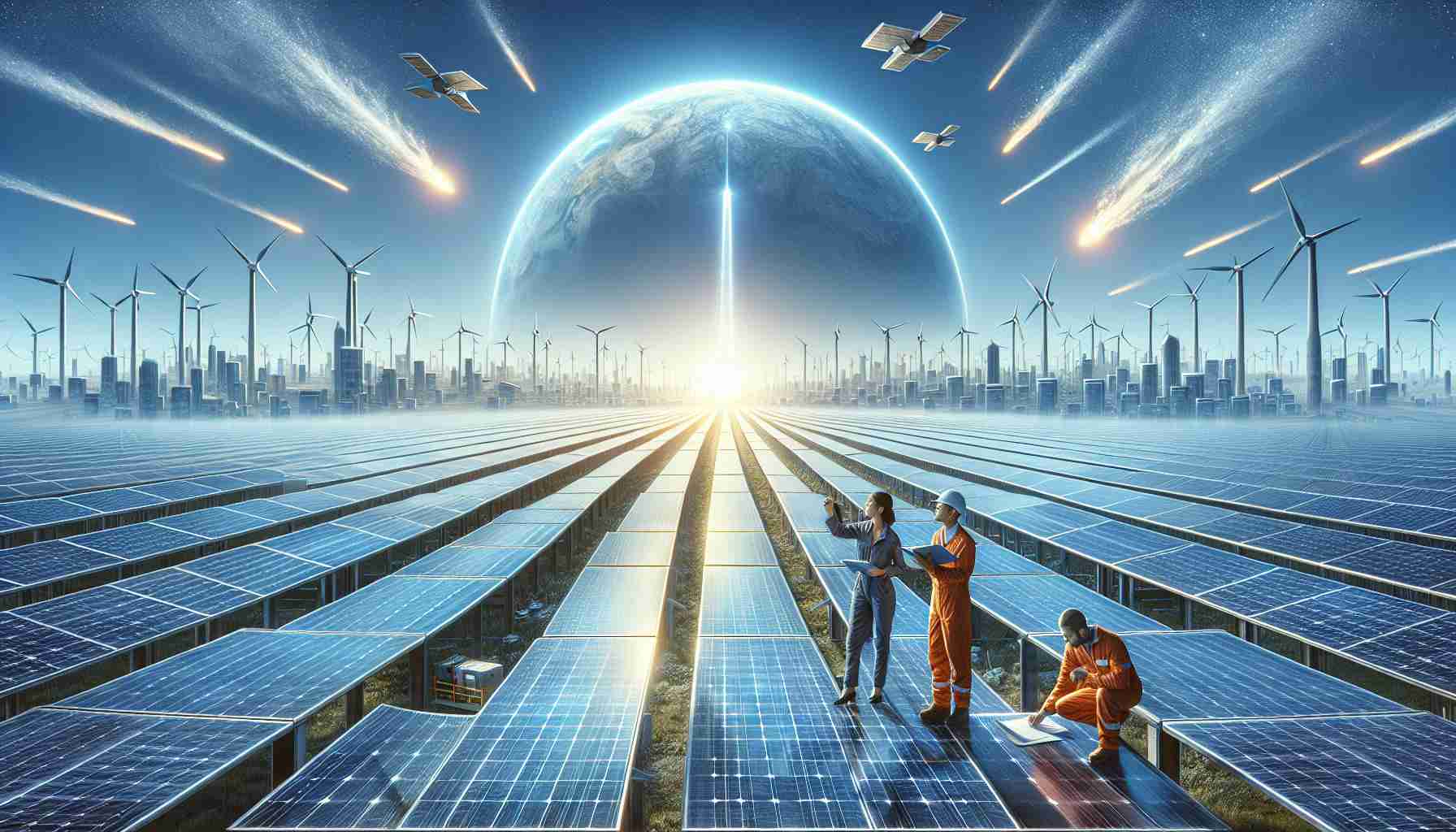 A highly detailed image depicting the expansion of solar energy. The scene shows a vast array of sleek, gleaming solar panels spread across a sunny landscape. Workers from diverse backgrounds - a Hispanic woman, a South Asian man, and a Caucasian man - are inspecting the solar panels and making notes. A clear blue sky fills the background, symbolizing a hopeful future. The image metaphorically communicates the concept of solar energy as a step towards sustainability. In the distance, we can see a cityscape where solar panels are installed on top of the buildings, indicating urban adaptation of renewable energy.