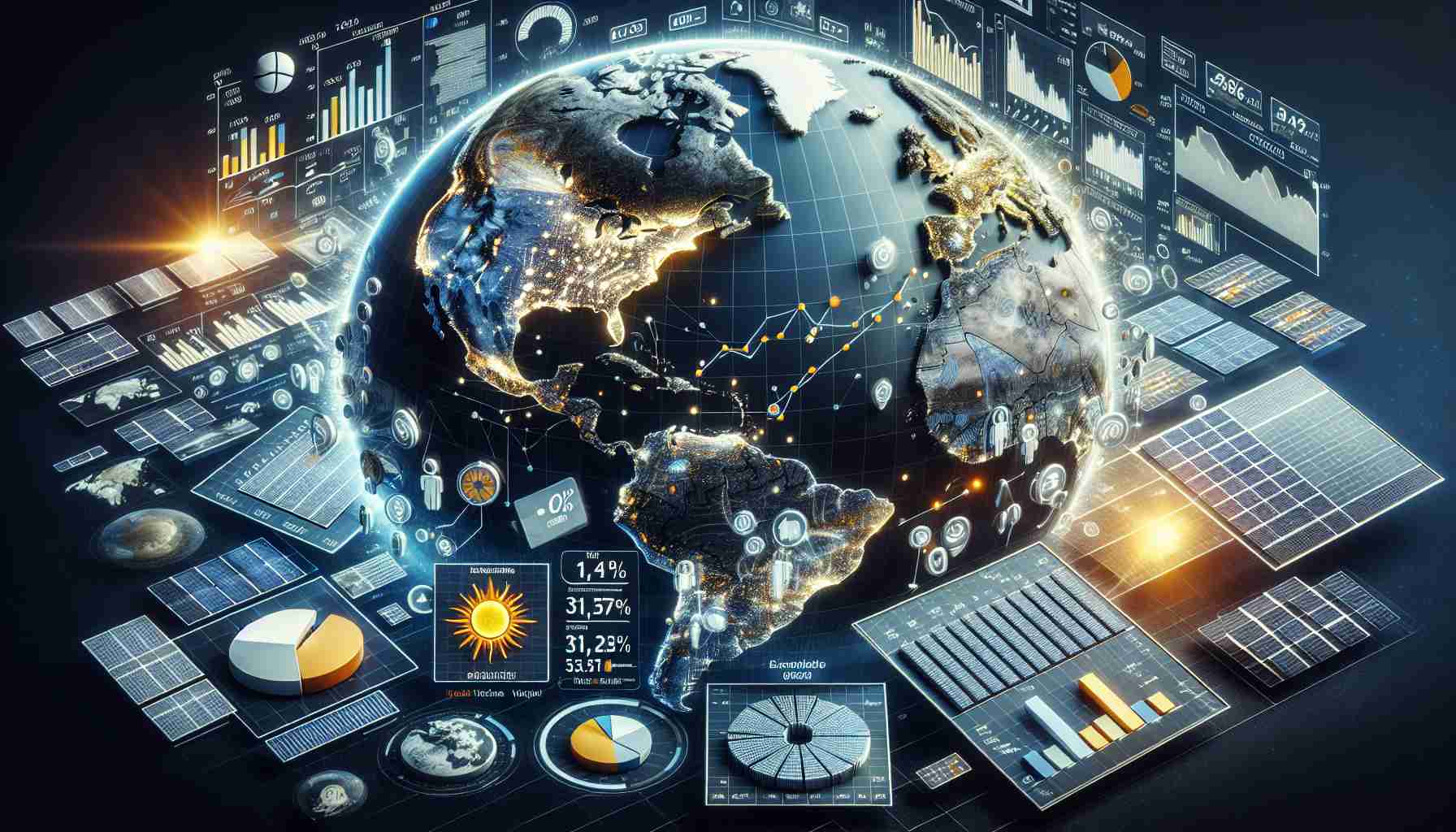 A high-definition, realistic visualization that represents the emerging trends in global solar energy markets. The image includes the map of the globe, with various countries highlighted: areas with the most solar energy potential should be brighter, and those with less potential more subdued. Various infographics scatter around, showing the rising lines of solar energy usage, pie charts denoting the percentage of solar energy in the overall energy mix, and bar graphs demonstrating the increasing solar panel installations. It also includes pictorial representations of solar panels, sun, and rays symbolizing solar energy.