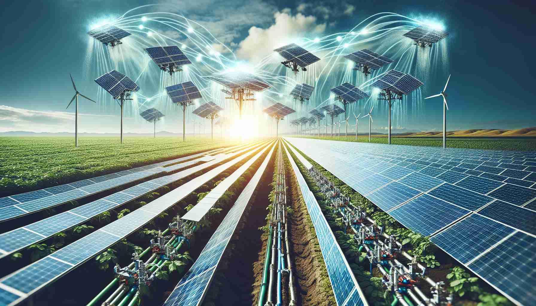 Detailed image showing the revolution in agriculture using solar-powered irrigation systems. This could include a glimpse of a vast agricultural field under bright sunshine, with solar panels placed efficiently contributing to the functioning of the irrigation system. The irrigation system can be represented by a network of pipes or sprinklers nourishing the crops. The scene captures the brilliant interplay of technology and nature leading to sustainable farming.