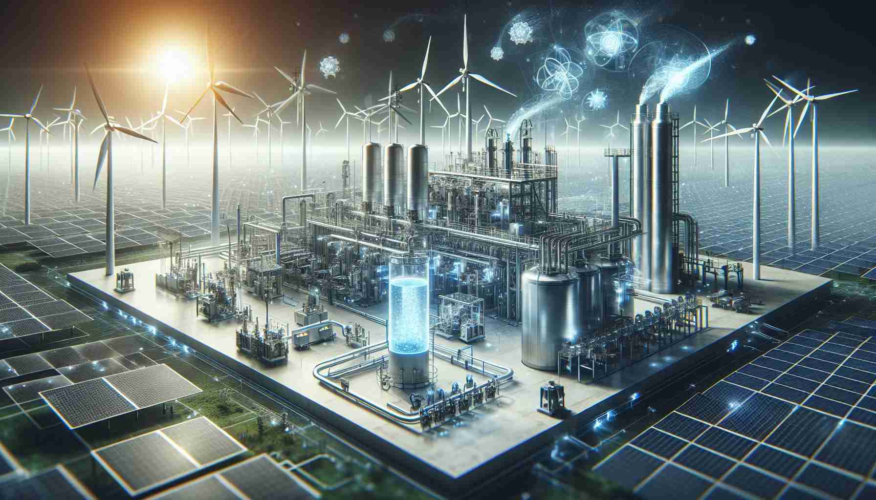 A highly detailed and realistic photo depicting the concept of revolutionizing renewable energy production. The focus should be on innovative hydrogen projects, possibly showing a state-of-the-art facility designed for hydrogen production. Including components such as sleek wind turbines, cutting-edge solar panels, and advanced electrolyte machines working together in harmony, portraying the synergy in renewable energy systems. The atmosphere should emit an aura of innovation, displaying the progress of technology in the field of renewable energy. It must appear as though it's a turning point in energy production, moving towards a future powered by Hydrogen.