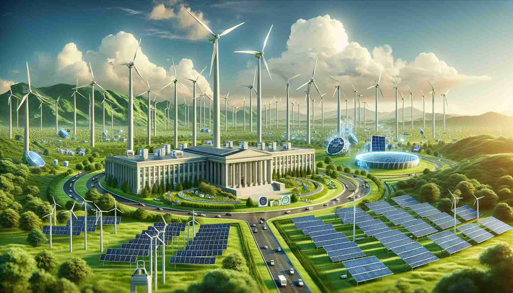 A realistic high-definition image showcasing a variety of new energy technologies that have been enhanced by government funding. Picture a scene with wind turbines, solar panels, and other green technology infrastructure in the foreground, maybe on a sunny day with blue skies. In the background, there is a government building or a related symbol representing the funding source, set against a lush green landscape to signify environmental conservation. The emphasis is on progress, sustainability, and government initiative in alternative energy sources.