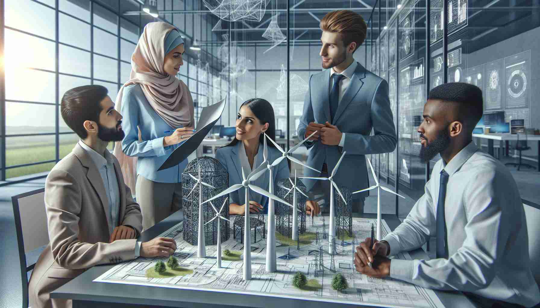 High-definition, realistic image presenting a group of advocates promoting efficient renewable energy projects. Depict a diverse group of individuals: a Middle-Eastern female, a Caucasian male, a South-Asian female, and a Black male. Show them engaged in discussions, with blueprints and models of renewable energy structures like wind turbines and solar panels prominent in the scene. The setting is a modern, well-lit office filled with technology, hinting at both innovation and green energy.