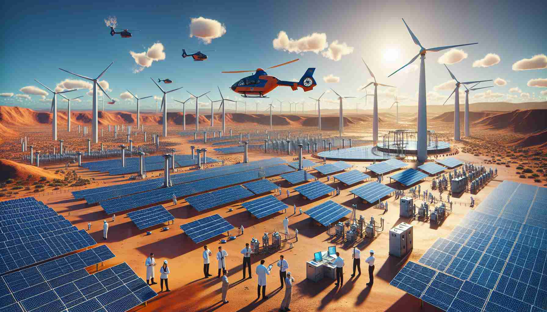 High-definition image showcasing Australia as a pioneer in renewable energy innovation. The scene includes massive solar panels and wind turbines scattered across dry, sunlit terracotta landscapes, a vibrant, clear blue sky overhead. Unmarked helicopters hover above the installations, indicating heavy monitoring. Engineers of diverse descents and genders, Caucasian, Hispanic, Black, Middle-Eastern, South Asian, both male and female, are seen inspecting the machinery, analyzing data on high-tech devices and conducting meetings. The overall image should illustrate the modern, high-tech, and innovative spirit of renewable energy in Australia.