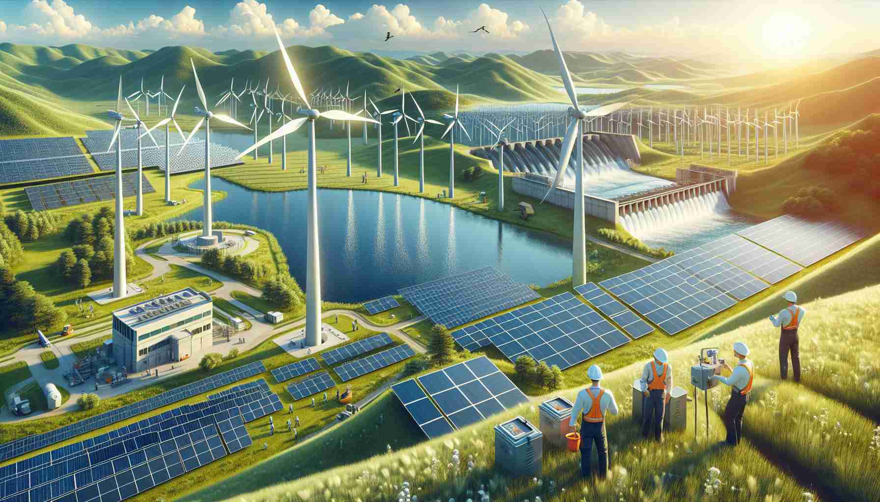 Create a high definition, realistic image showing various renewable energy projects in the Northeast region. These could include rows of solar panel installations brightly glistening under a breezy sunny day, majestic wind turbines standing tall amidst green meadows against the backdrop of clear blue skies, and a modern hydroelectric power facility silently harnessing the power of water flowing down a mighty river. Add some workers in safety gear, with a mixed group of Caucasian and Black women and men, diligently working on the maintenance of these installations.