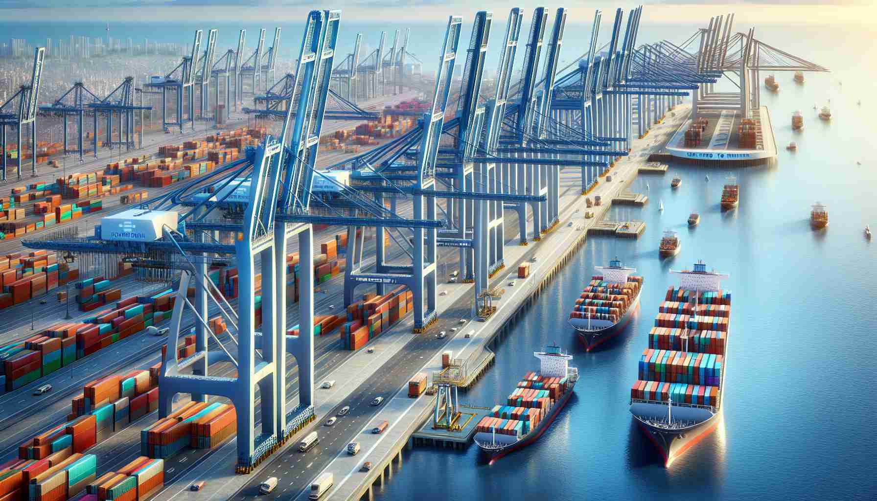 High-definition, photorealistic image of a bustling port denoting progress and international trade. Key elements are large cargo ships laden with containers, towering cranes facilitating loading and unloading activities, and clear blue skies overhead. The port is buzzing with activity, symbolizing the robust trade links between the locations. Though the location is nonspecific, it's reminiscent of a modern port like Algeciras. The backdrop is a large welcome arch, named 'Gateway to Success', a symbol of prosperous business connections, particularly hinting at strong trade relationships with an Asian country such as China.